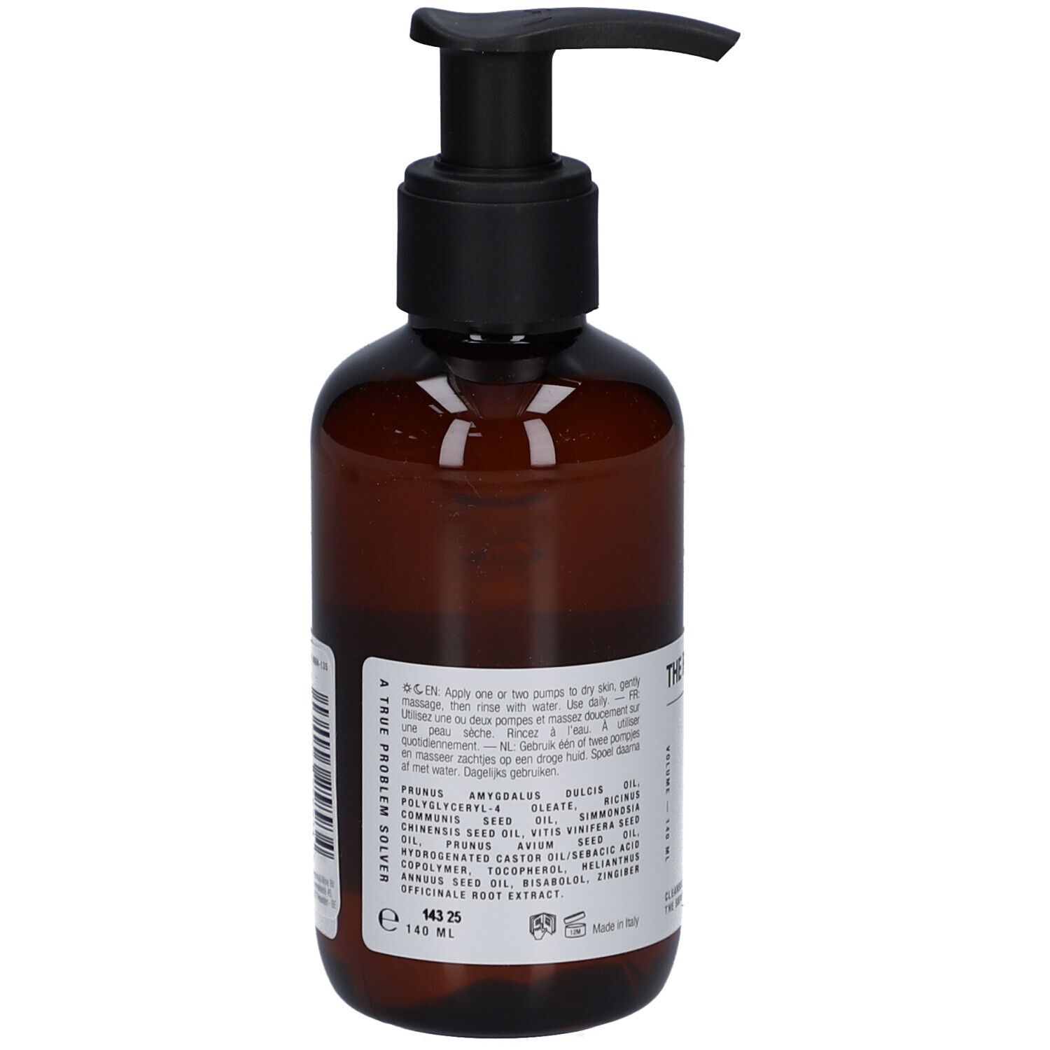 Braune Flasche mit schwarzem Pumpverschluss. Aufschrift: THE REMEDY. Zutatenliste und Anwendungshinweise auf Etikett.