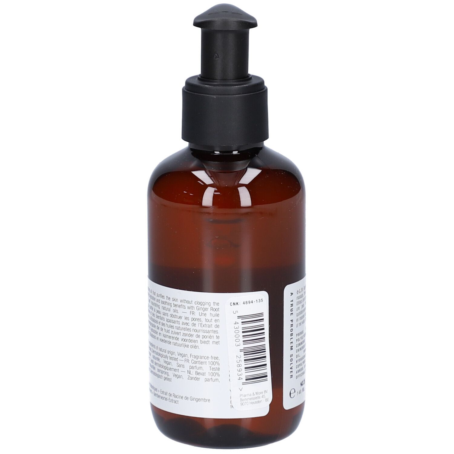 Braune Flasche mit schwarzem Pumpverschluss. Etikett mit Produktinformationen und Barcode.