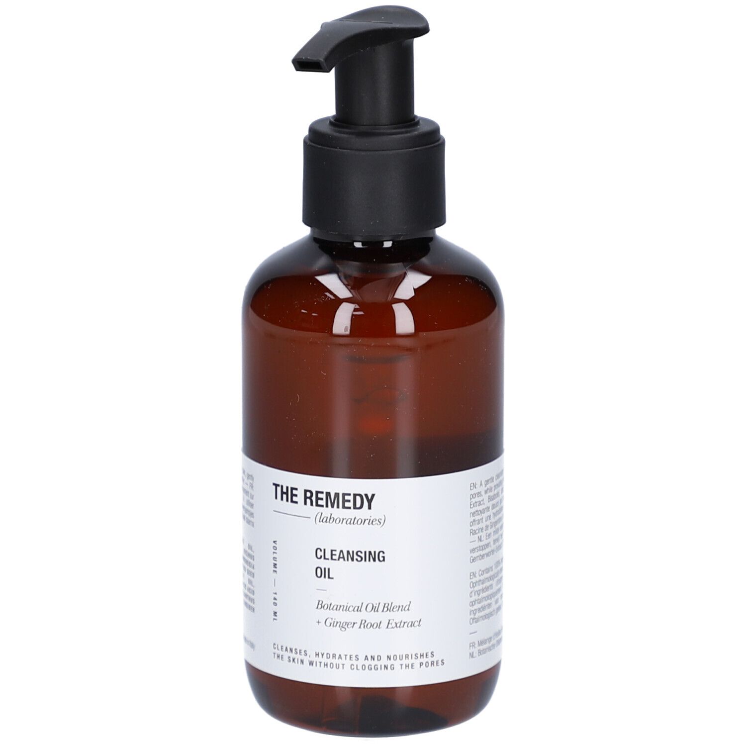Braune Flasche mit schwarzem Pumpverschluss. Aufschrift: THE REMEDY (laboratories) Cleansing Oil. Botanischer Öl-Mix, Ingwerwurzelextrakt.
