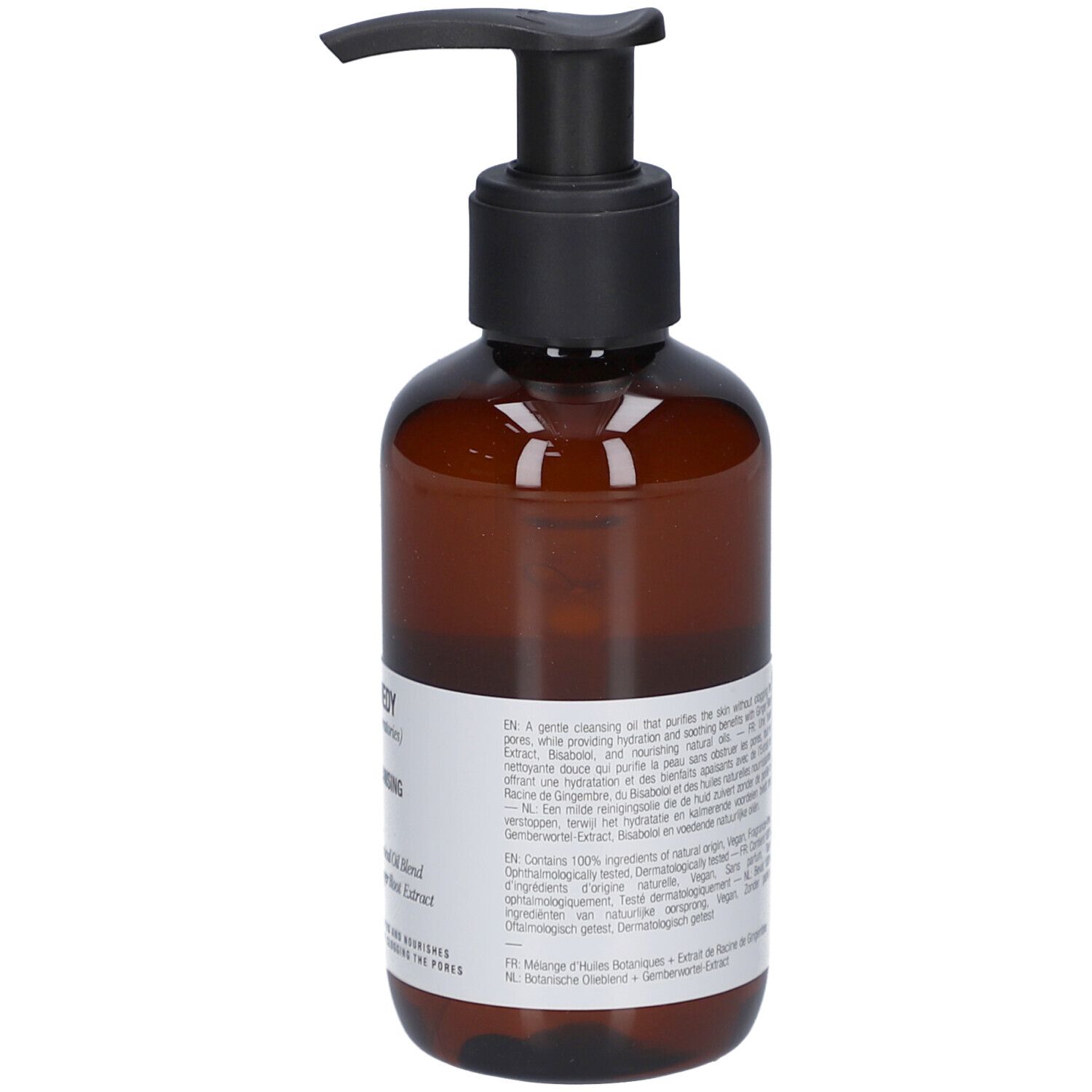Braune Flasche mit schwarzem Pumpverschluss. Aufschrift: THE REMEDY Cleansing Oil. Enthält 100% natürliche Inhaltsstoffe.
