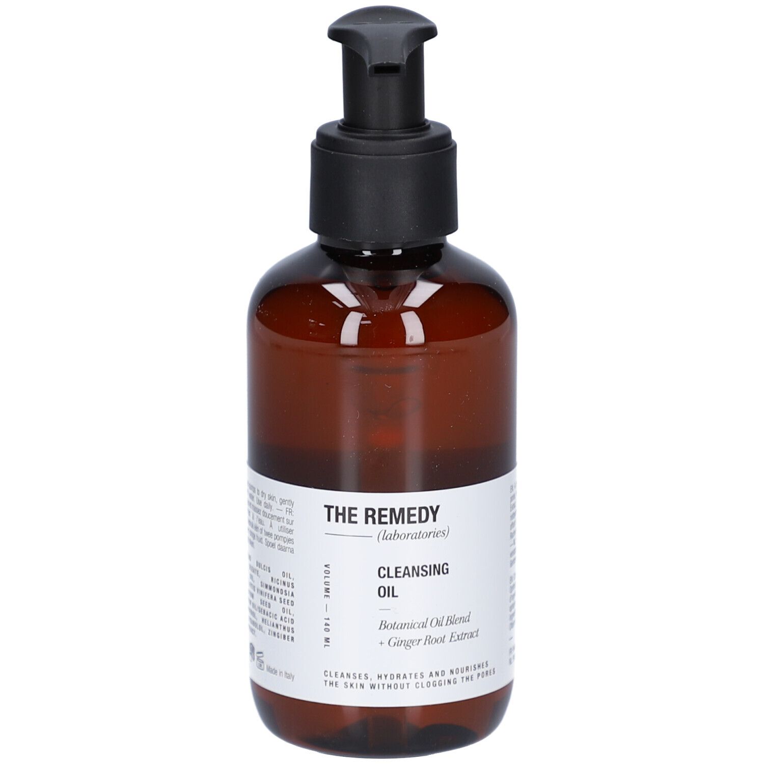 Braune Flasche mit schwarzem Pumpverschluss. Aufschrift: THE REMEDY (laboratories) Cleansing Oil. Botanischer Öl-Mix, Ingwerwurzelextrakt.