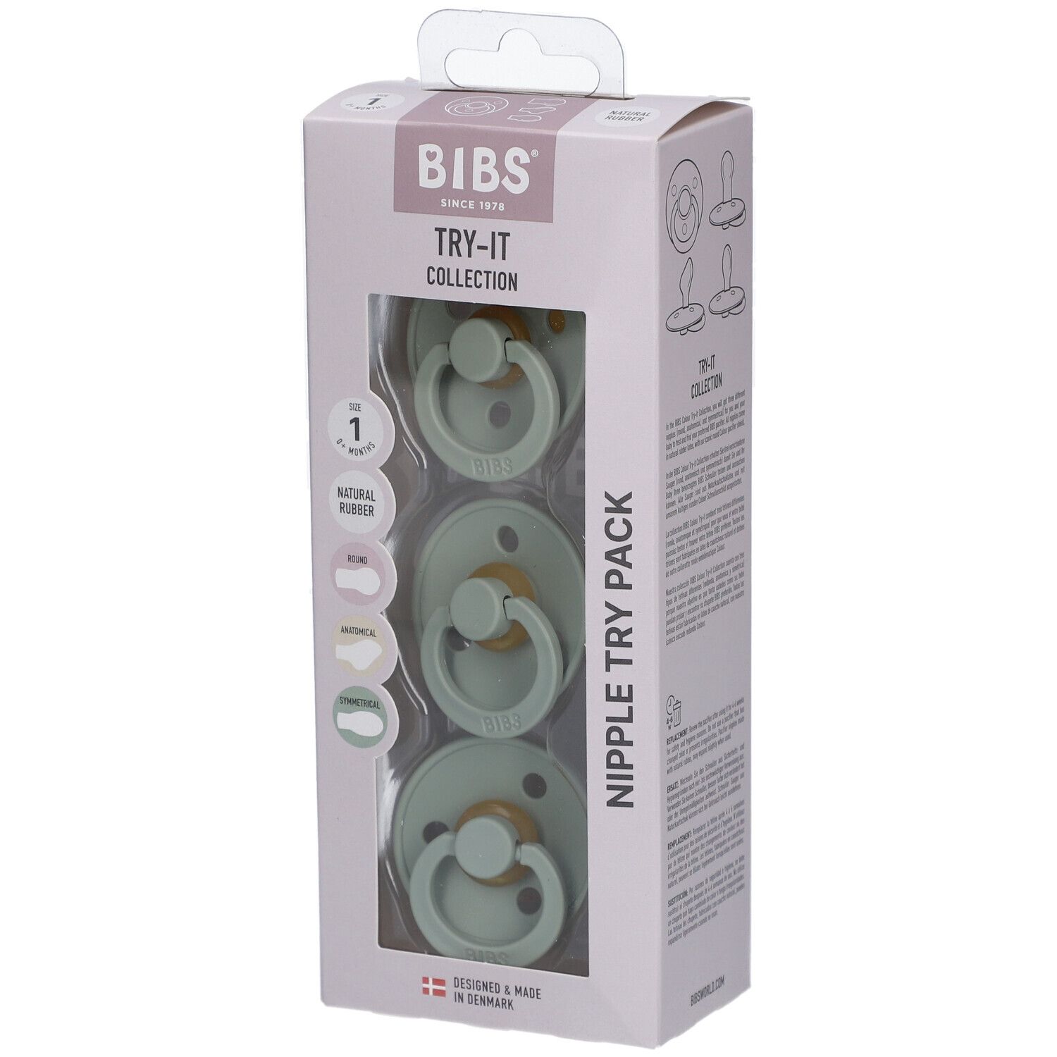 Verpackung mit drei Schnullern, Salbei-Farbe. Sichtfenster zeigt die Produkte. Marke: BIBS.