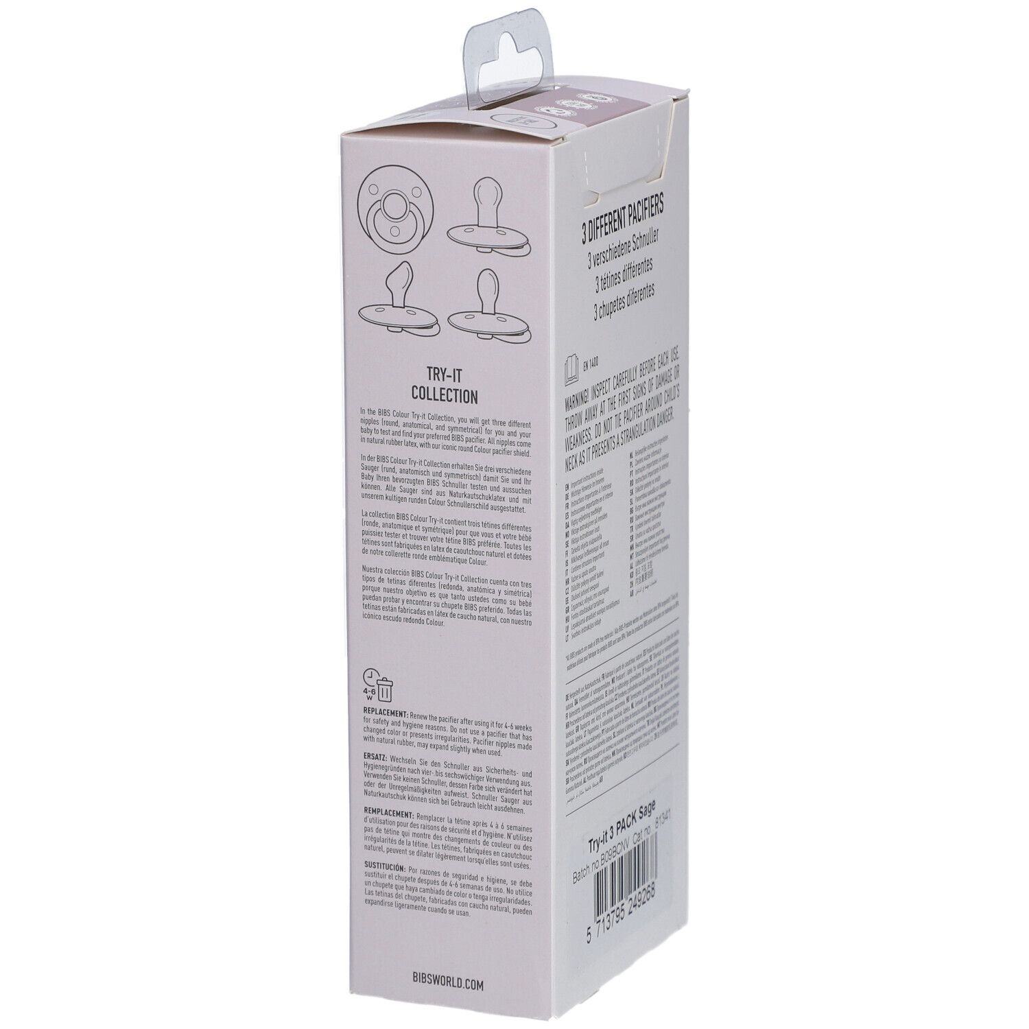 Seitenansicht der Verpackung mit Text und Illustrationen. Marke BIBS. Text: Try-it Collection, Warnhinweise.