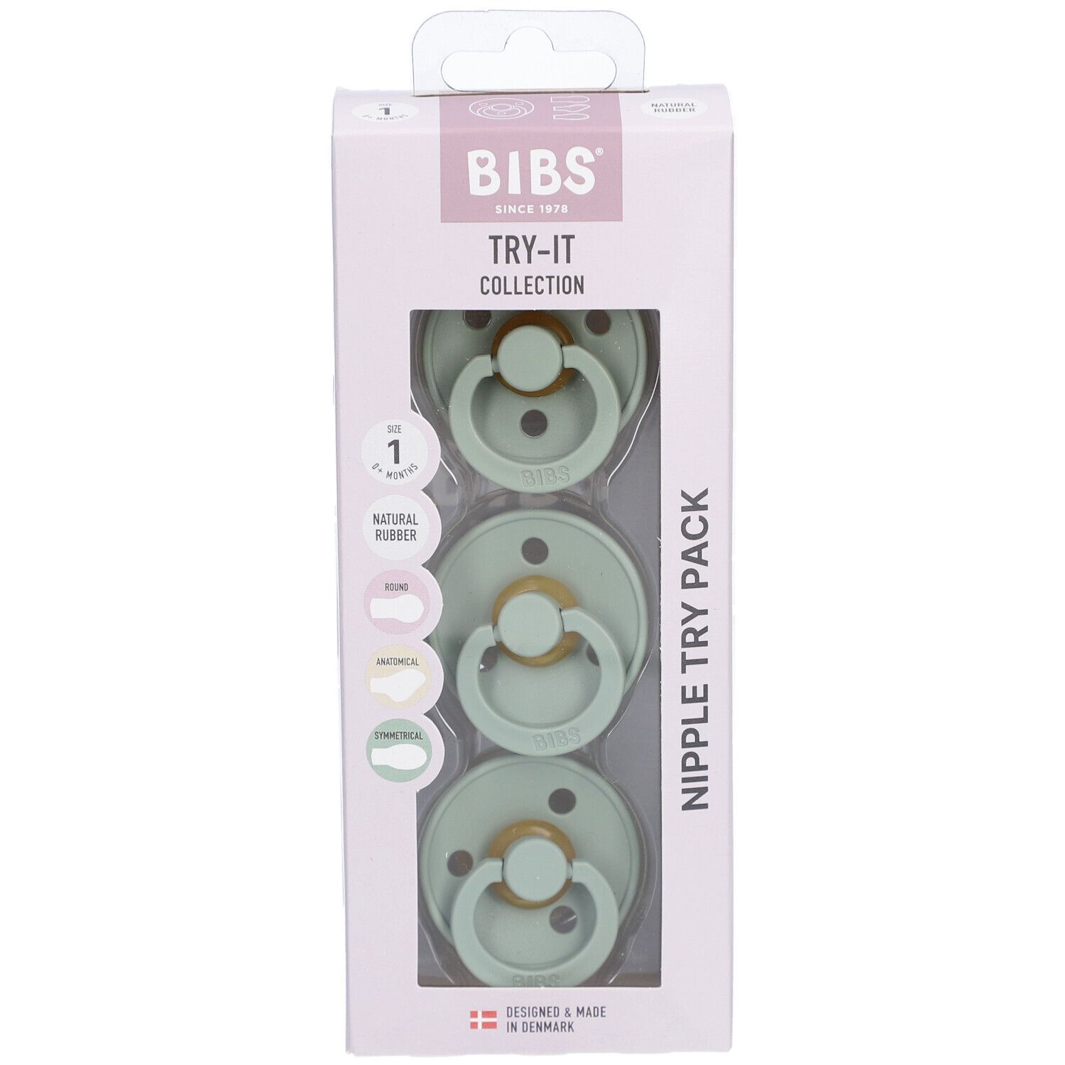Verpackung mit drei Schnullern, Salbei-Farbe. Marke BIBS. Sichtfenster zeigt die Produkte. Try-it Collection.