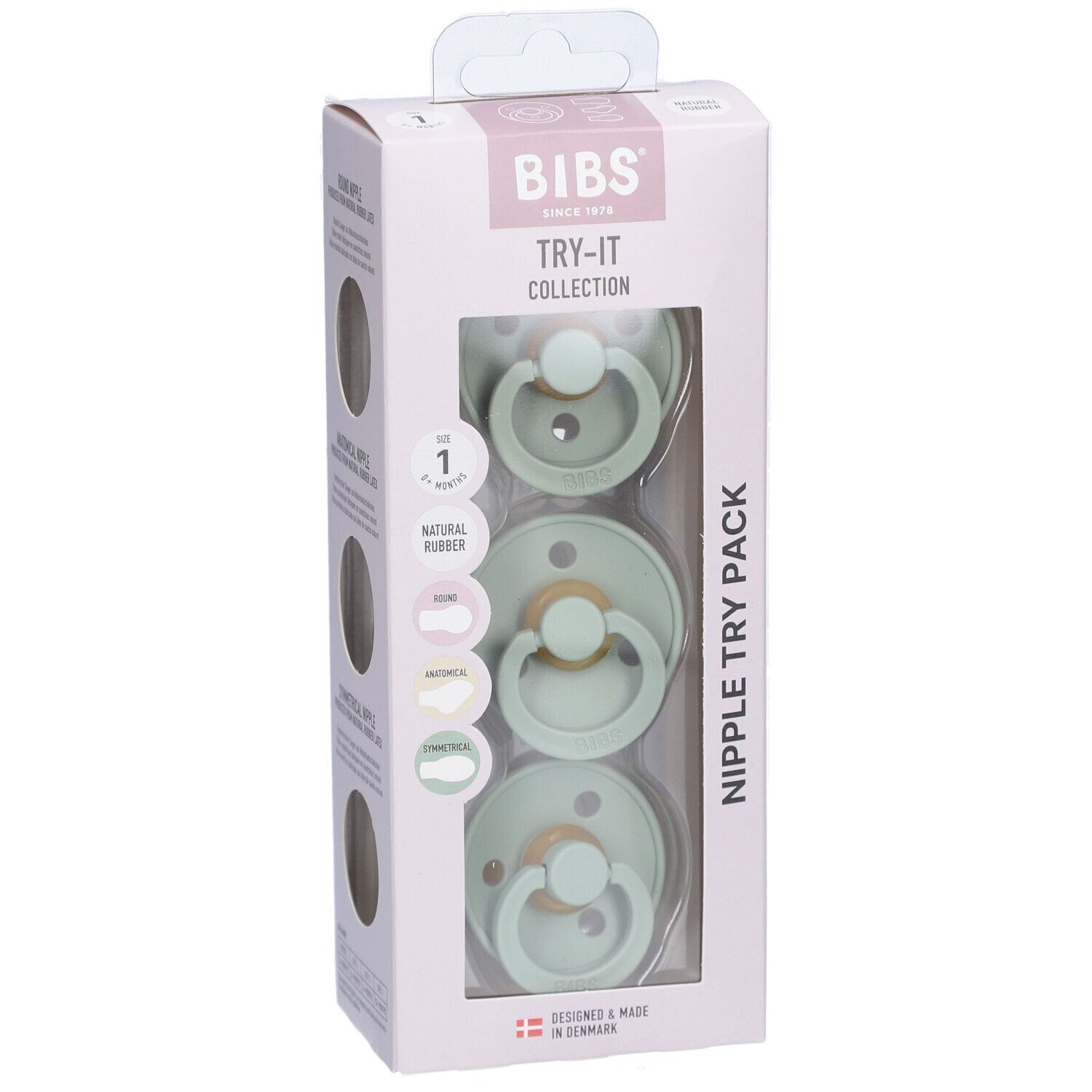 Verpackung mit drei Schnullern, Salbei-Farbe. Marke BIBS. Sichtfenster zeigt die Produkte. Try-it Collection.