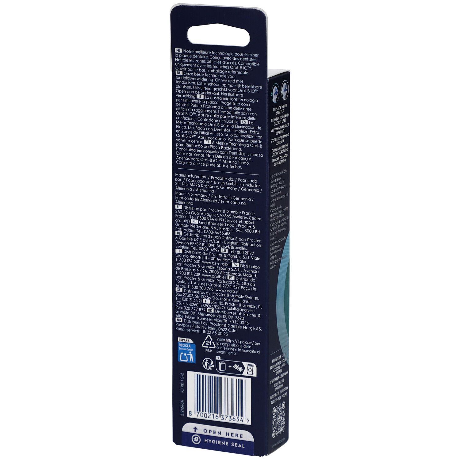 Rückseite der Verpackung mit Textinformationen und QR-Code. Enthält Informationen zum Hersteller und Recycling.