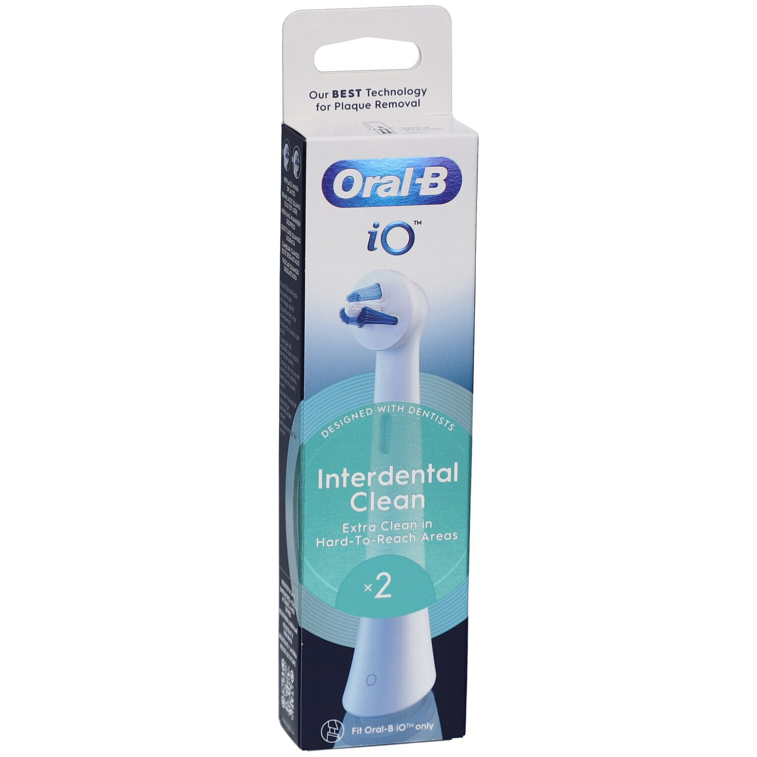 Verpackung mit zwei iO Interdental Clean Bürstenköpfen. Marke Oral-B iO. Extra Reinigung in schwer zugänglichen Bereichen.