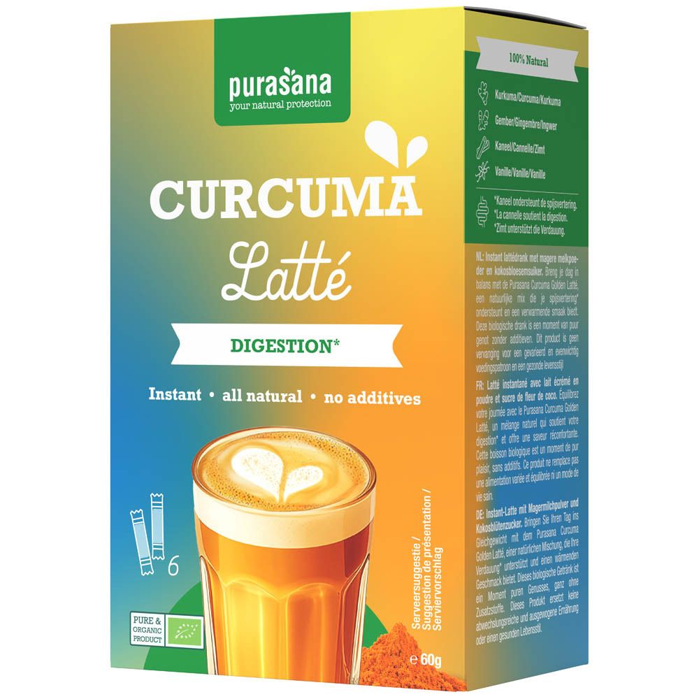 Purasana Curcuma Latte Bio. Boîte. Inscription : Curcuma Latte, Digestion, instantané, naturel, sans additifs. 6 sachets.