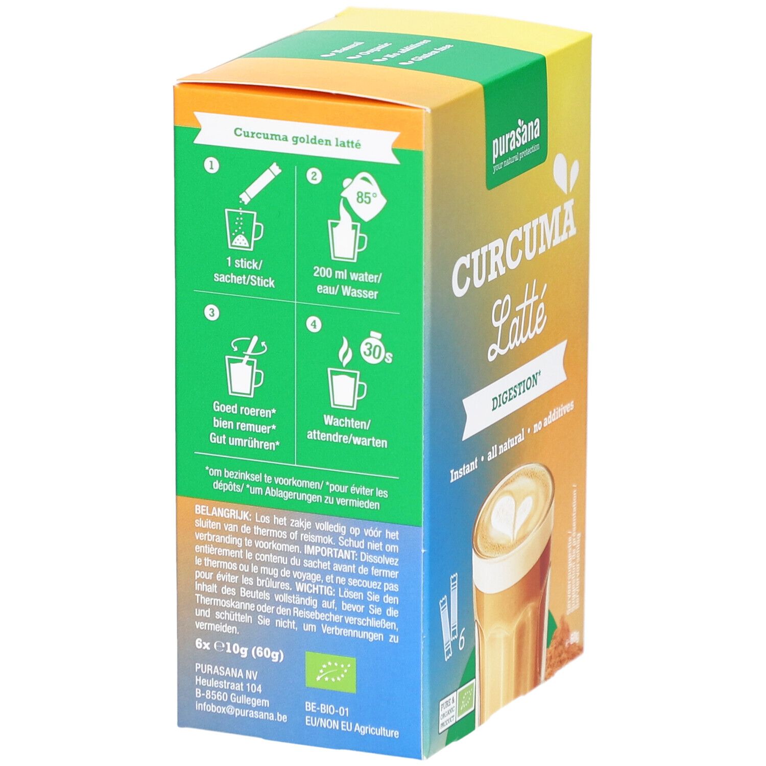 Purasana Curcuma Latte Bio. Rückseite der Verpackung. Anleitung zur Zubereitung. Zutatenliste. Nährwerttabelle. Bio-Siegel.