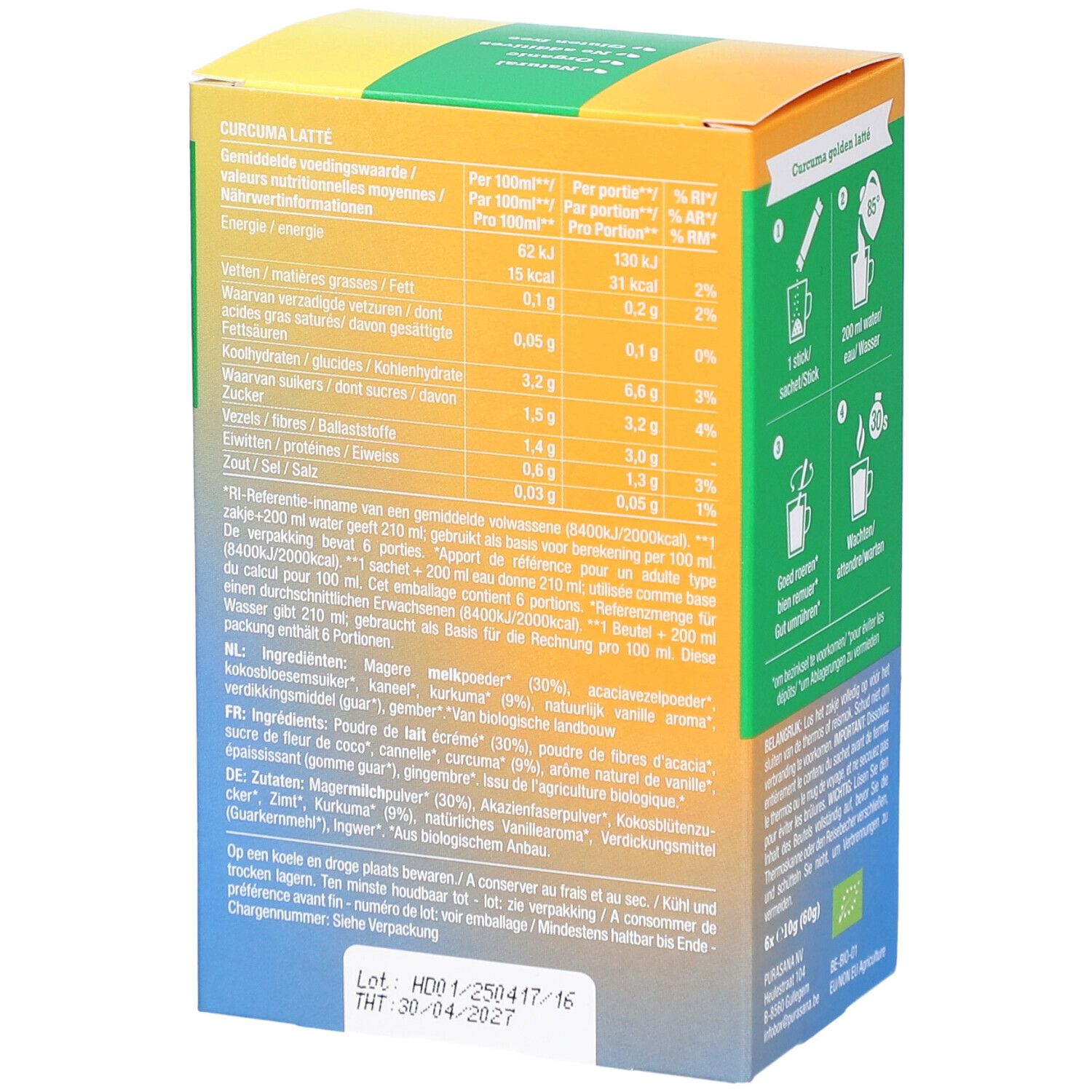 Purasana Curcuma Latte Bio. Rückseite der Verpackung. Nährwerttabelle. Zutatenliste. Zubereitungshinweise. Bio-Siegel.