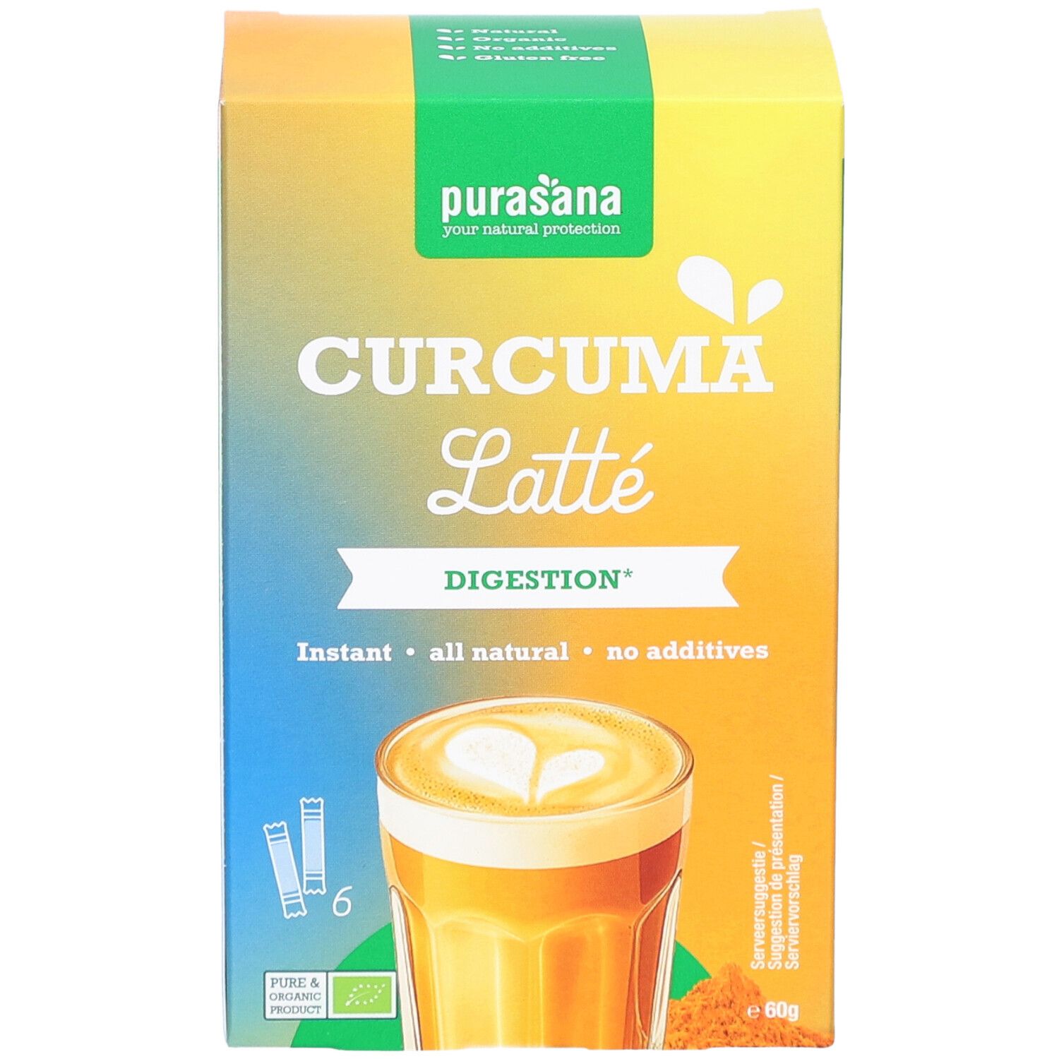 Purasana Curcuma Latte Bio. Kartonverpackung mit 6 Sachets. Aufdruck: Curcuma Latte, Verdauung, Instant, natürlich, keine Zusätze. 6 Sachets.
