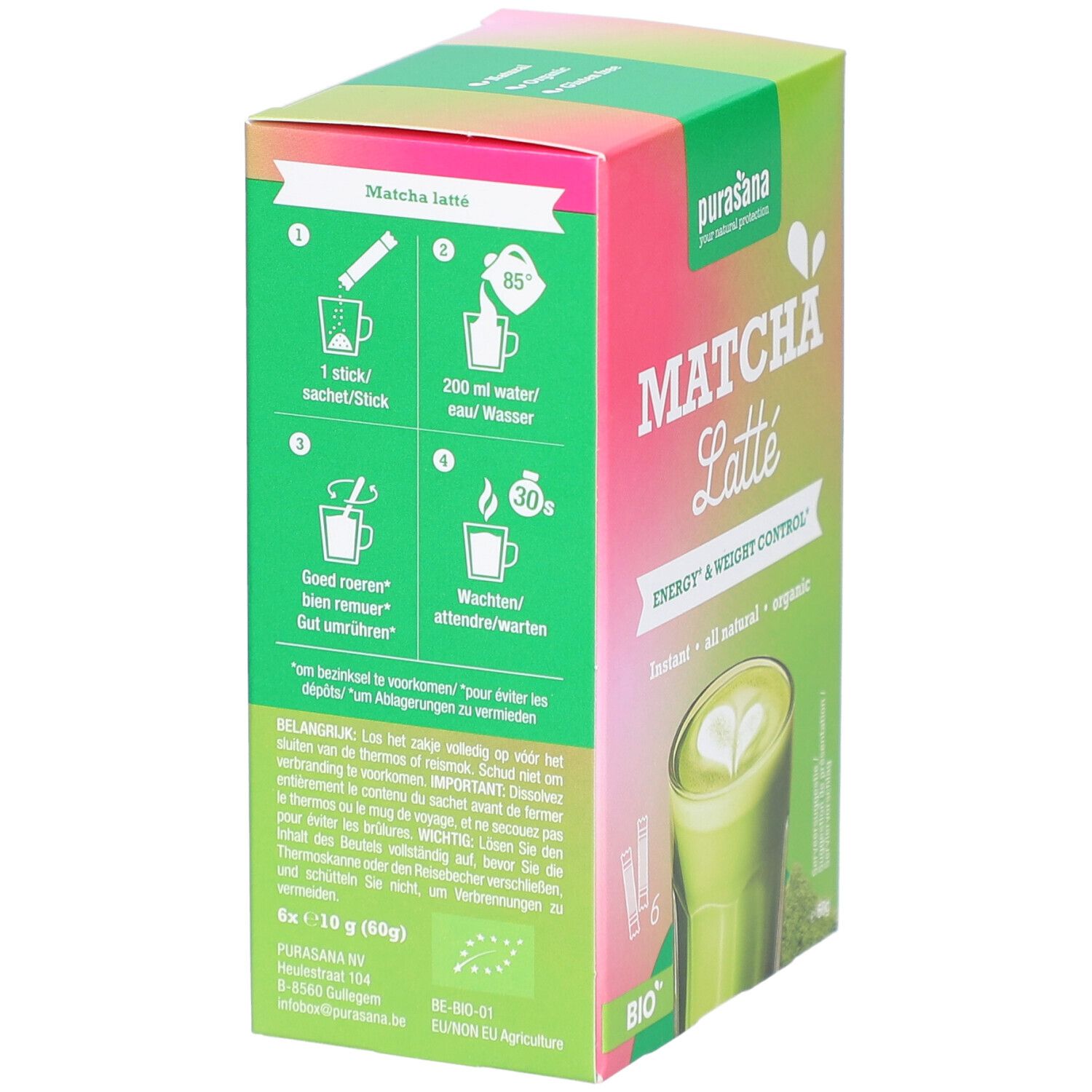 Rückseite der Purasana Matcha Latte Bio Verpackung. Anleitung in Deutsch, Französisch und Niederländisch. 6x10g.