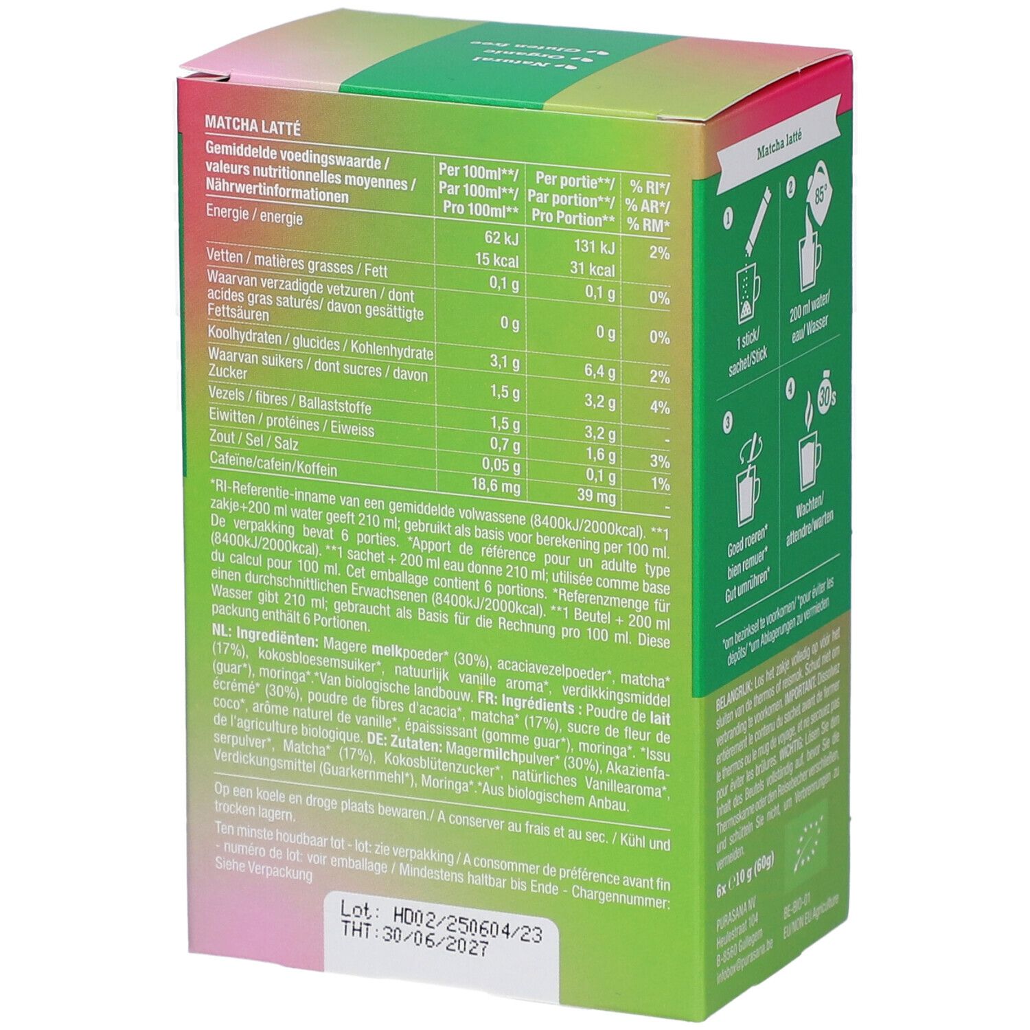 Nährwerttabelle auf der Purasana Matcha Latte Bio Verpackung. Angaben pro 100ml und pro Portion. Inhaltsstoffe.