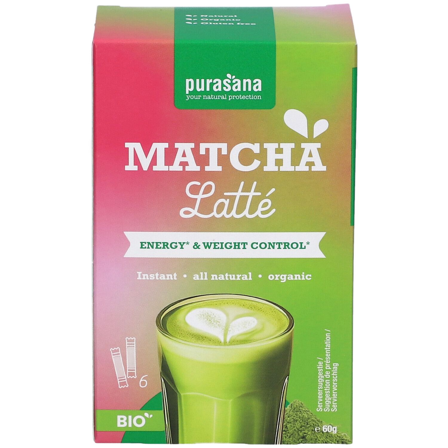 Purasana Matcha Latte Bio. Kartonverpackung mit 6 Sachets. Grün-rosa Design. Aufdruck: Matcha Latte, Bio.