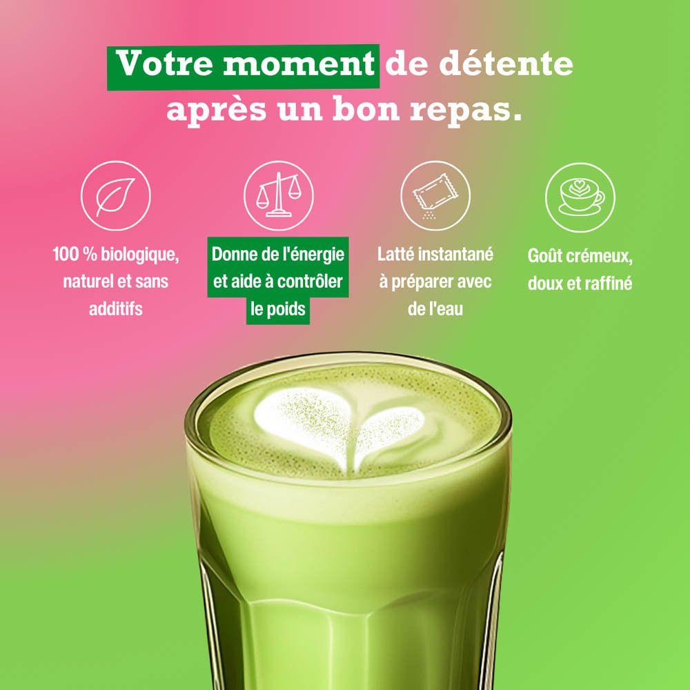 Purasana Matcha Latte Bio. Design vert et rose. Inscription : Matcha Latte, Energie & Weight Control. Ingrédients.