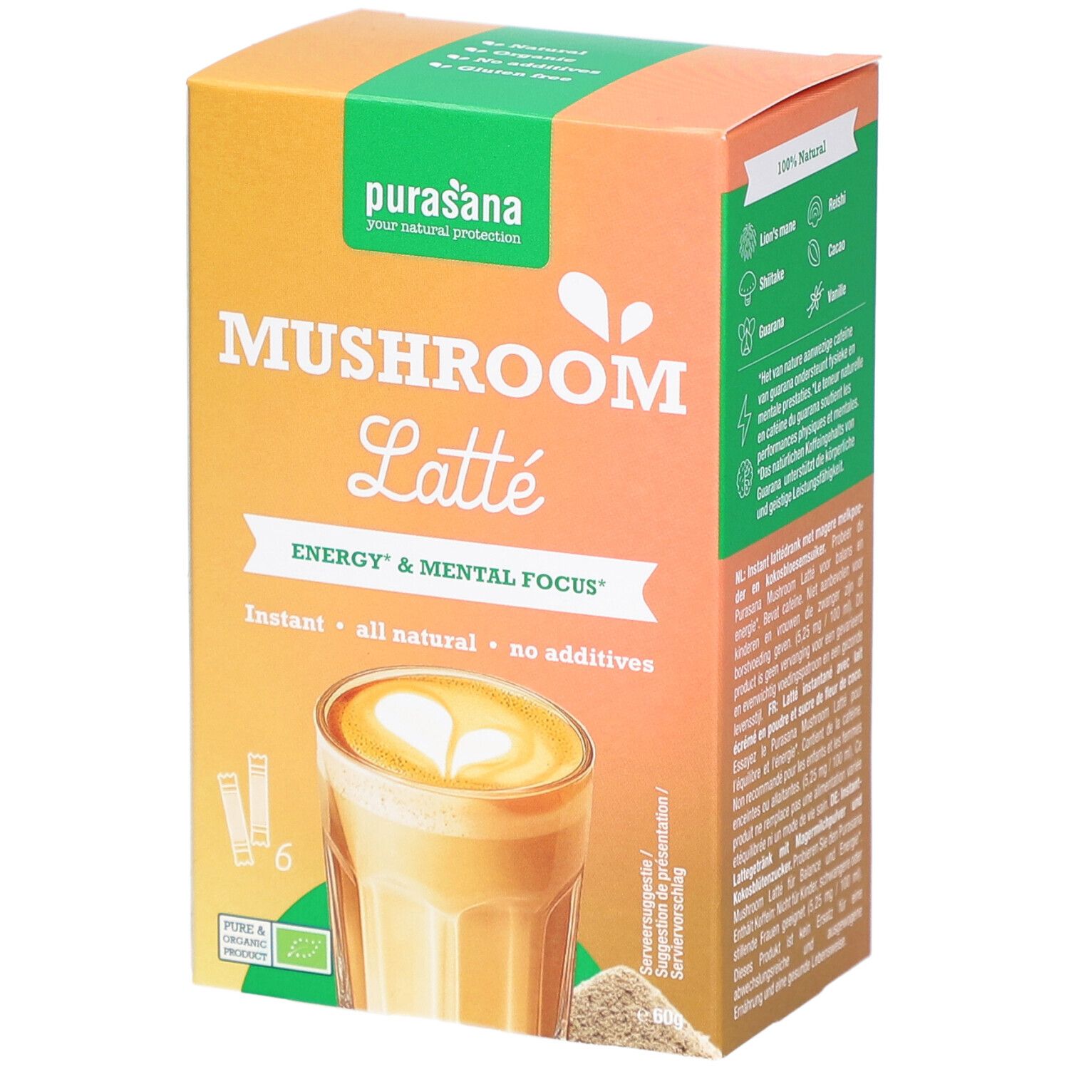 Kartonverpackung mit Purasana Mushroom Latte. Aufdruck: Mushroom Latte, Energy & Mental Focus, Instant, all natural, no additives.