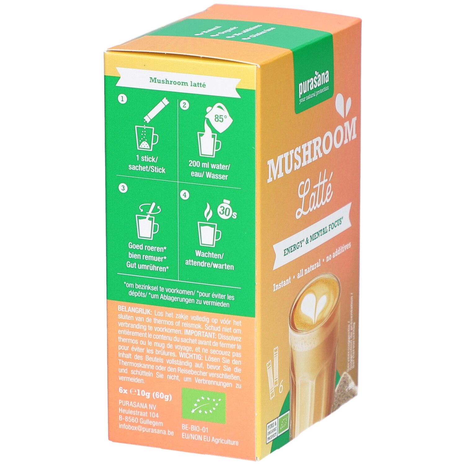 Rückseite der Kartonverpackung mit Zubereitungshinweisen für Purasana Mushroom Latte. Enthält Nährwertangaben und Zutatenliste.