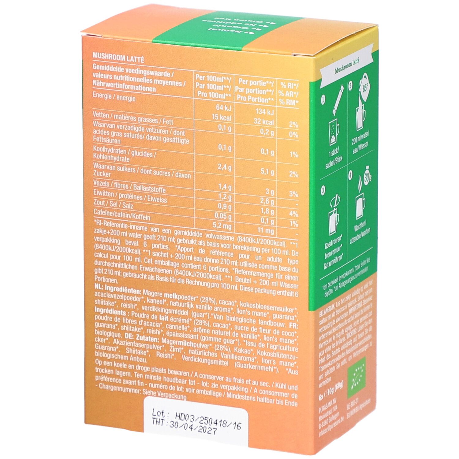 Rückseite der Kartonverpackung mit Nährwertangaben und Zutatenliste für Purasana Mushroom Latte. Enthält Informationen in mehreren Sprachen.