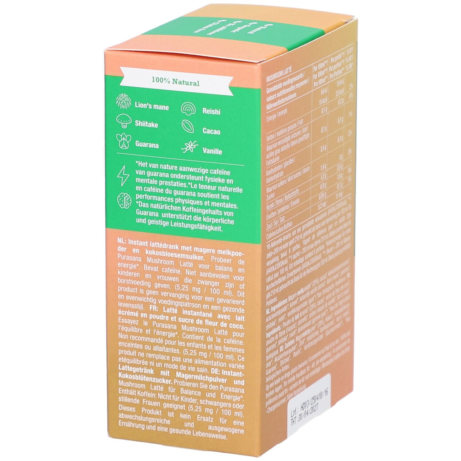 Rückseite der Kartonverpackung mit Informationen zu Inhaltsstoffen und Zertifizierungen für Purasana Mushroom Latte.