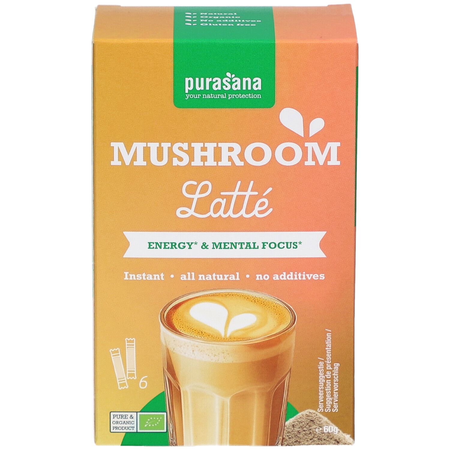 Kartonverpackung mit Purasana Mushroom Latte. Aufdruck: Mushroom Latte, Energy & Mental Focus, Instant, all natural, no additives. 6 Sticks.
