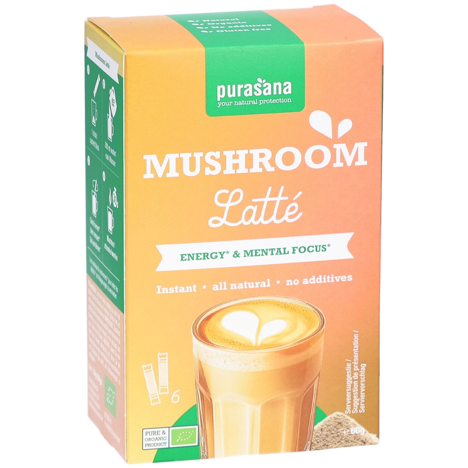 Kartonverpackung mit Purasana Mushroom Latte. Aufdruck: Mushroom Latte, Energy & Mental Focus, Instant, all natural, no additives. 6 Sticks.