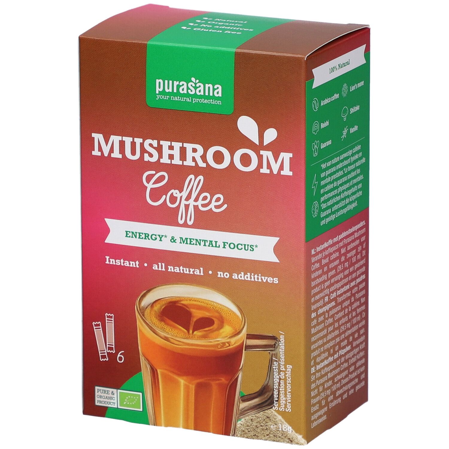 Karton mit Purasana Mushroom Coffee Bio. 6 Beutel. Aufdruck: Mushroom Coffee, Energie & Konzentration.