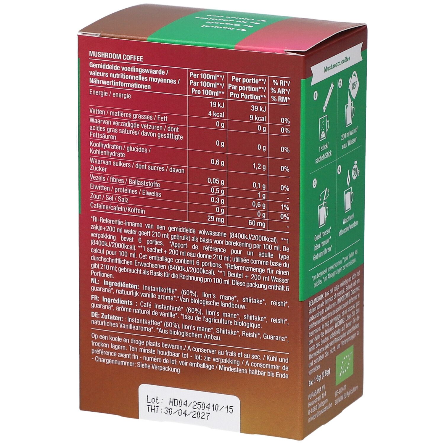 Rückseite der Purasana Mushroom Coffee Bio-Verpackung. Nährwerttabelle, Zutaten, Zubereitung.