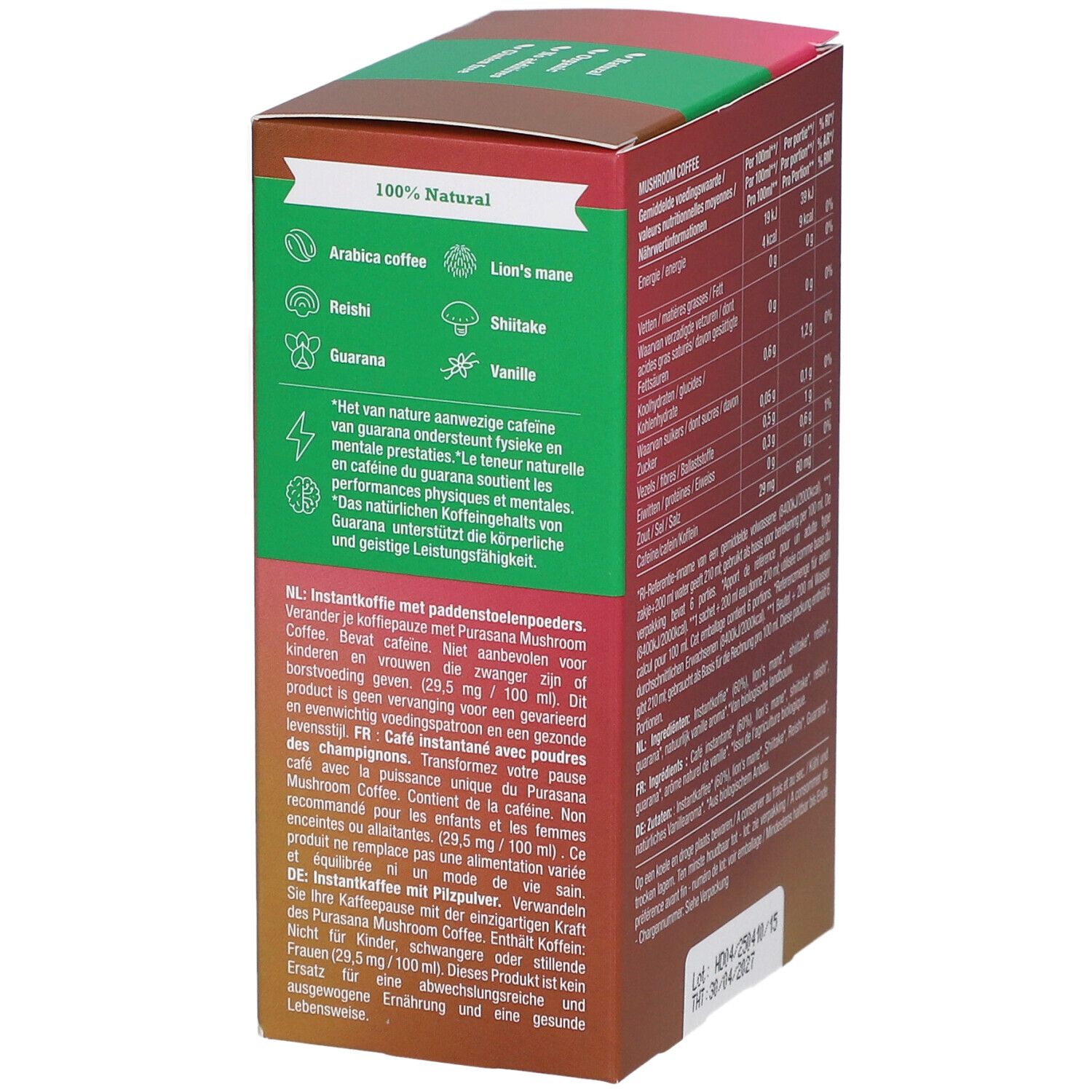 Rückseite der Purasana Mushroom Coffee Bio-Verpackung. Zutaten, Vorteile, Zubereitung.