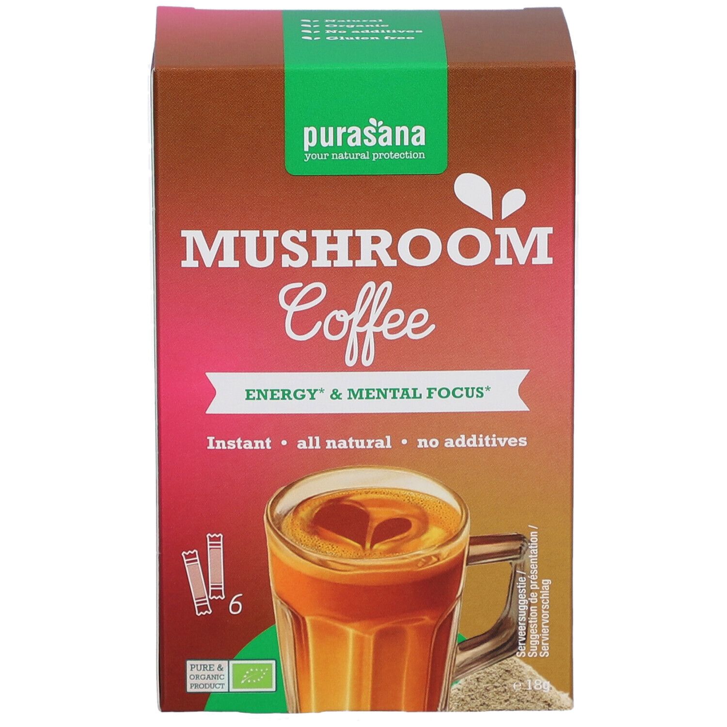 Karton mit Purasana Mushroom Coffee Bio. 6 Beutel. Aufdruck: Mushroom Coffee, Energie & Konzentration.