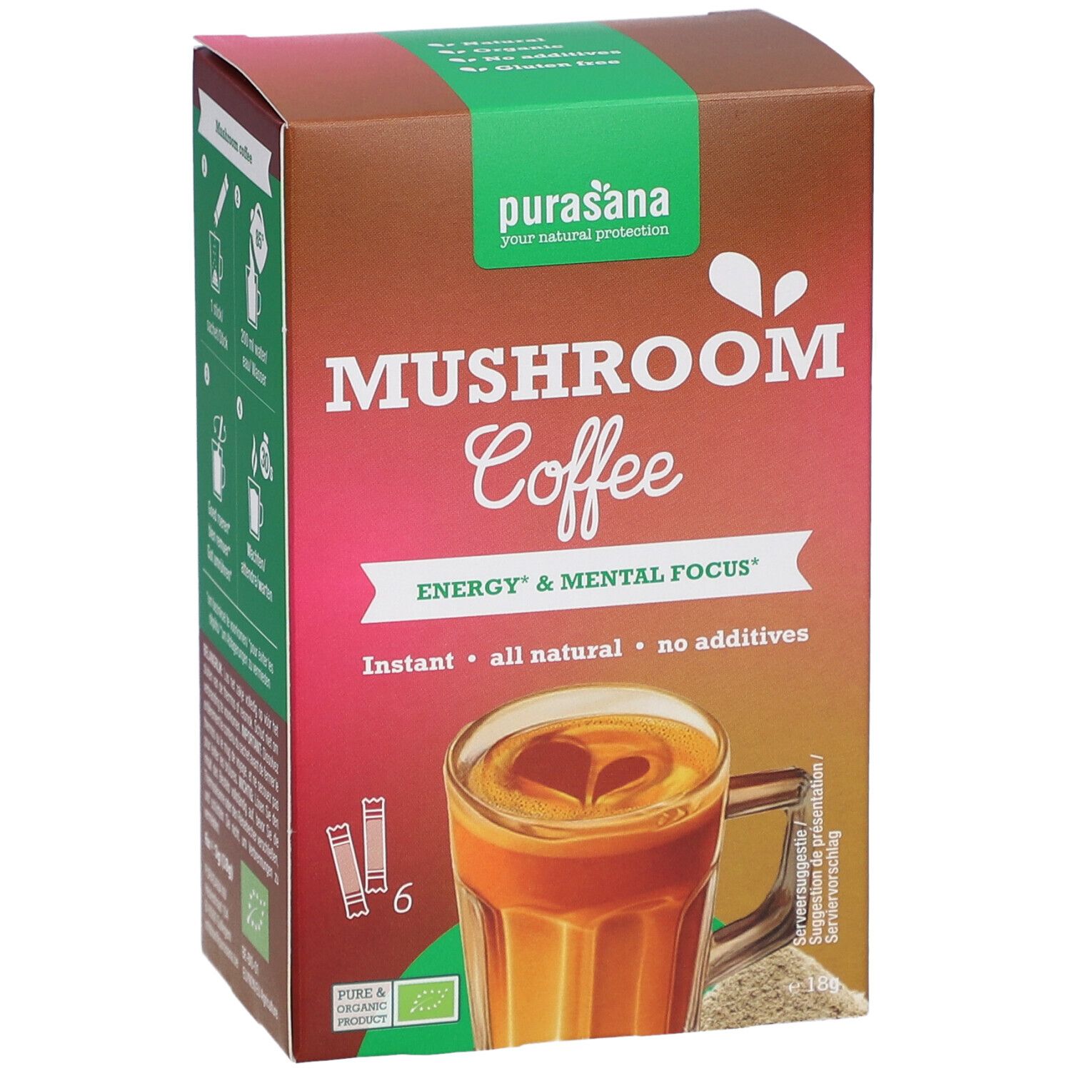 Karton mit Purasana Mushroom Coffee Bio. 6 Beutel. Aufdruck: Mushroom Coffee, Energie & Konzentration.