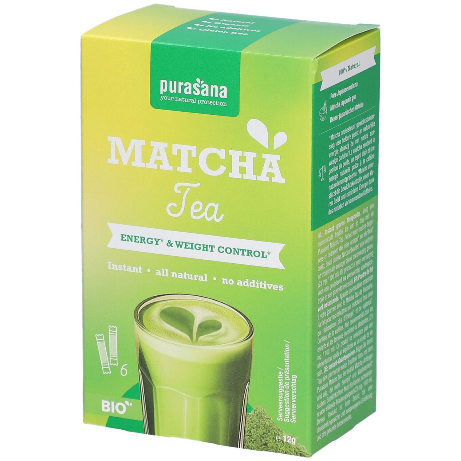 Grüne Matcha Tee Box. 6 Beutel. Aufschrift: Matcha Tea, Energy & Weight Control, Instant, all natural, no additives.
