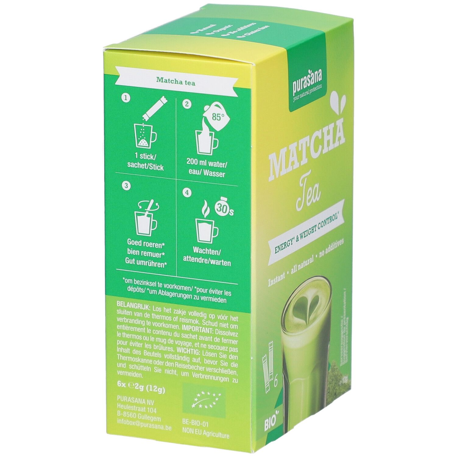 Rückseite der Matcha Tee Box. Anleitung zur Zubereitung. Text in Deutsch, Französisch, Niederländisch. 6 x 2g Beutel.
