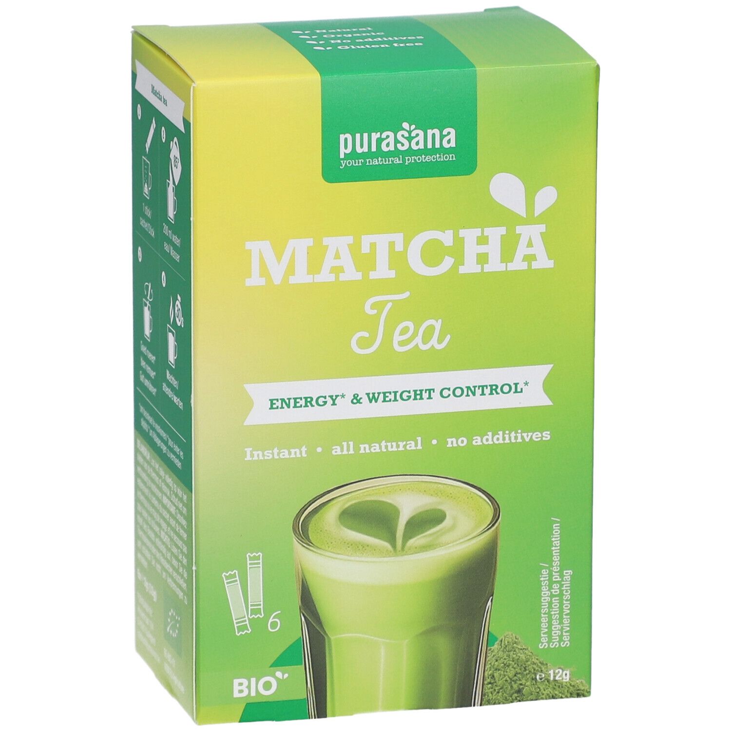 Grüne Matcha Tee Box. 6 Beutel. Aufschrift: Matcha Tea, Energy & Weight Control, Instant, all natural, no additives.
