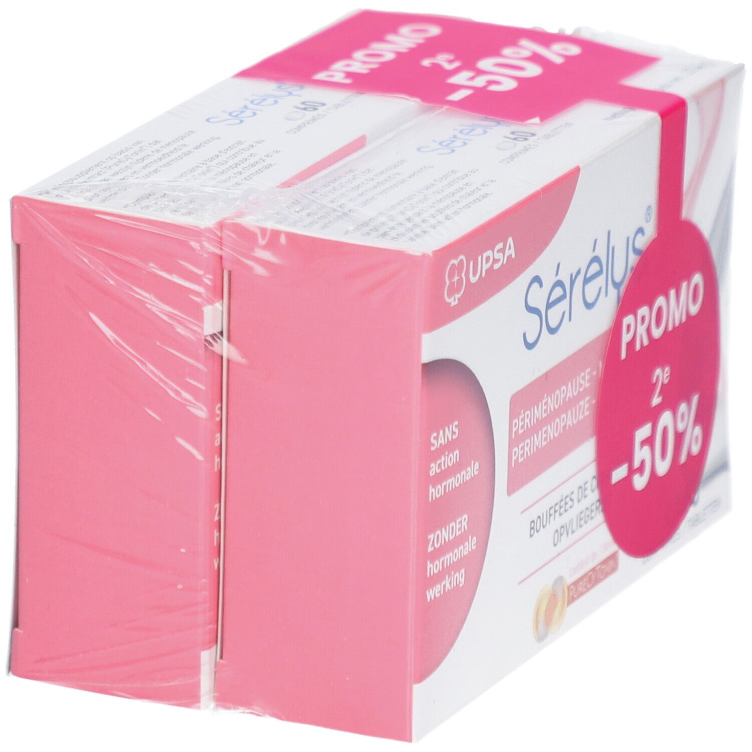 Serelys-Verpackung, teilweise in Folie eingeschweißt. Rosa Seiten. Promo-Aufkleber mit -50%.