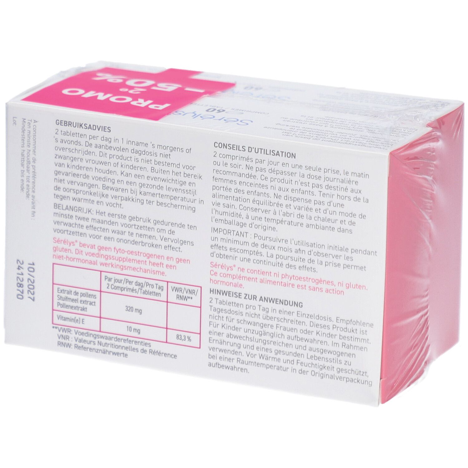 Rückseite der Serelys-Verpackung mit Text. Enthält Informationen zur Anwendung und Inhaltsstoffe.