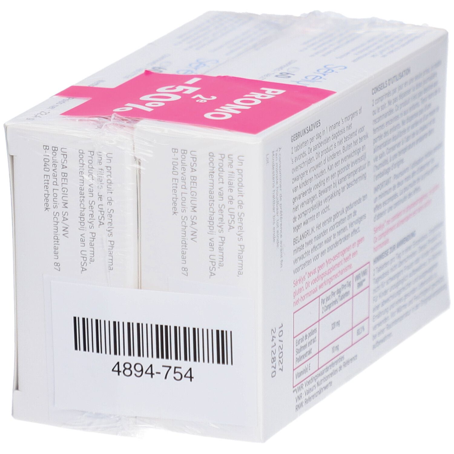 Serelys-Verpackung mit Barcode und Adresse. Promo-Aufkleber mit -50%.