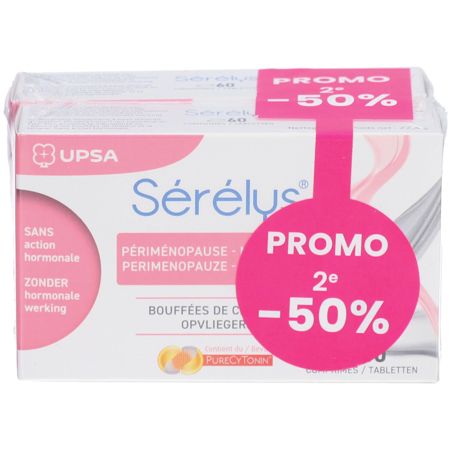 Serelys-Verpackung mit Aufdrucken und Promo-Aufkleber. Marke UPSA. Enthält 60 Tabletten.