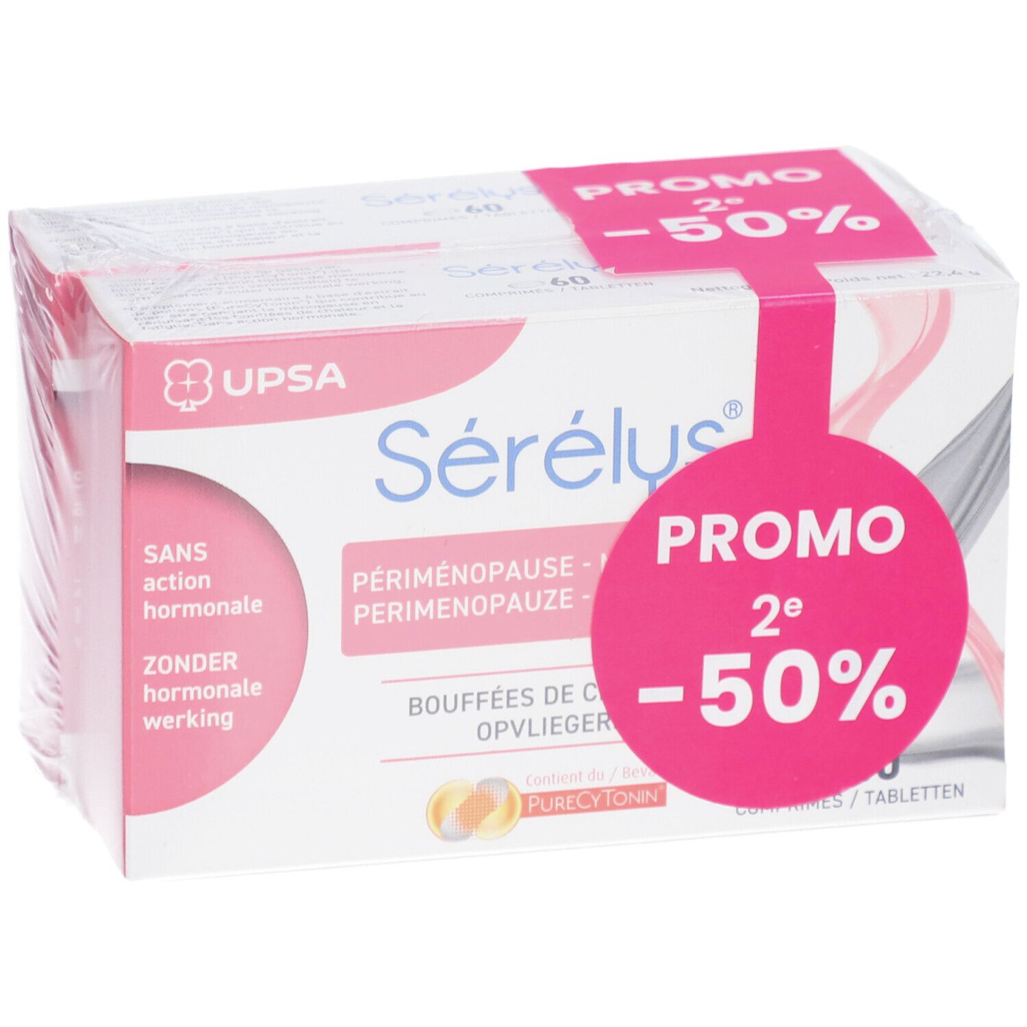 Serelys-Verpackung mit Aufdrucken und Promo-Aufkleber. Marke UPSA. Teilweise in Folie verpackt.