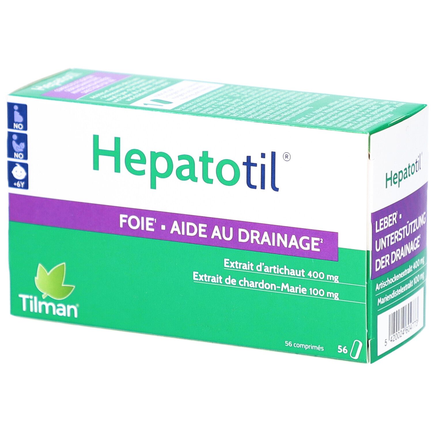 Grüne und weiße Schachtel mit "Hepatotil"-Logo. Enthält 56 Tabletten. Text: "FOIE • AIDE AU DRAINAGE".