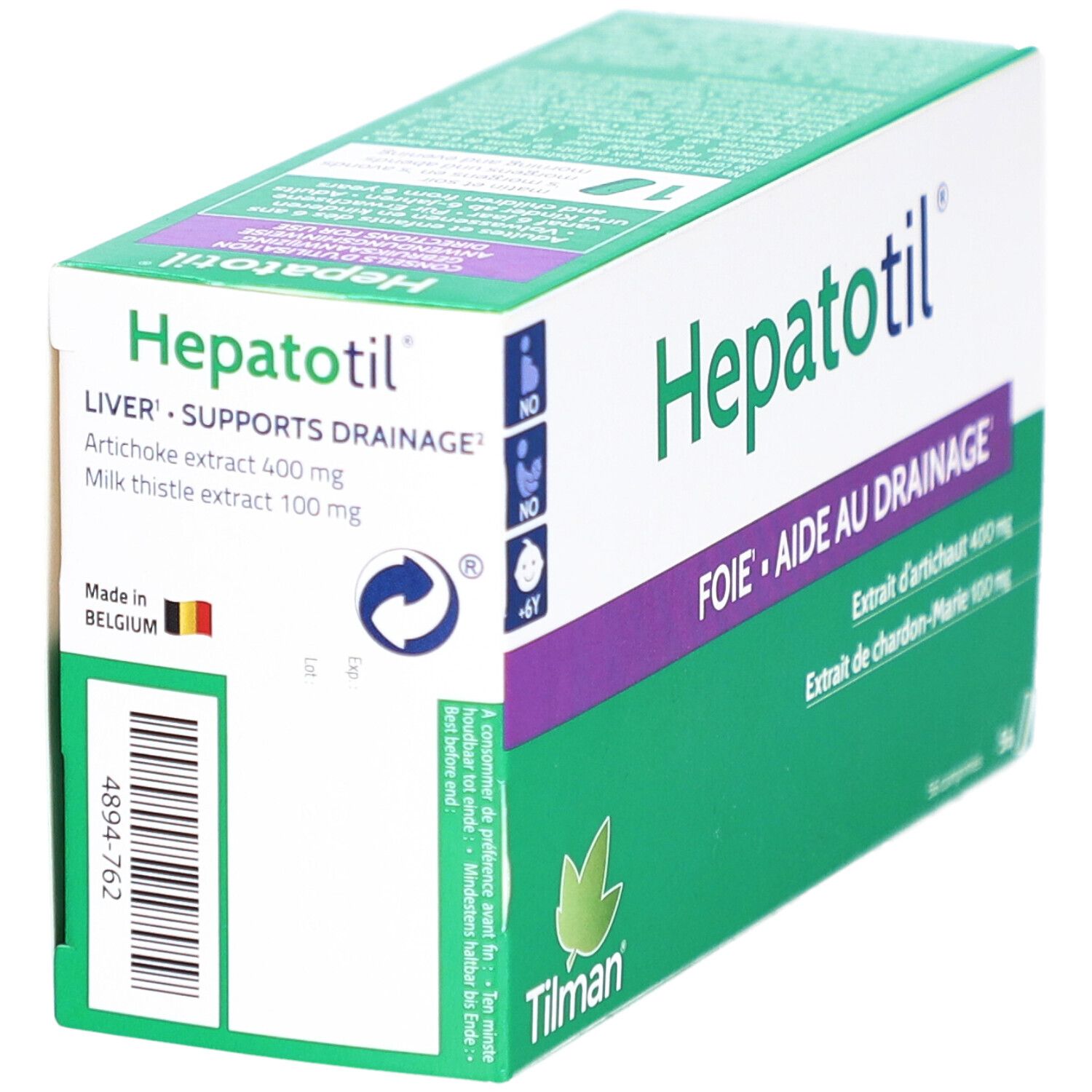 Schachtel "Hepatotil" mit Text: "LIVER • SUPPORTS DRAINAGE". Enthält Artischocken- und Mariendistel-Extrakt. Hergestellt in Belgien.