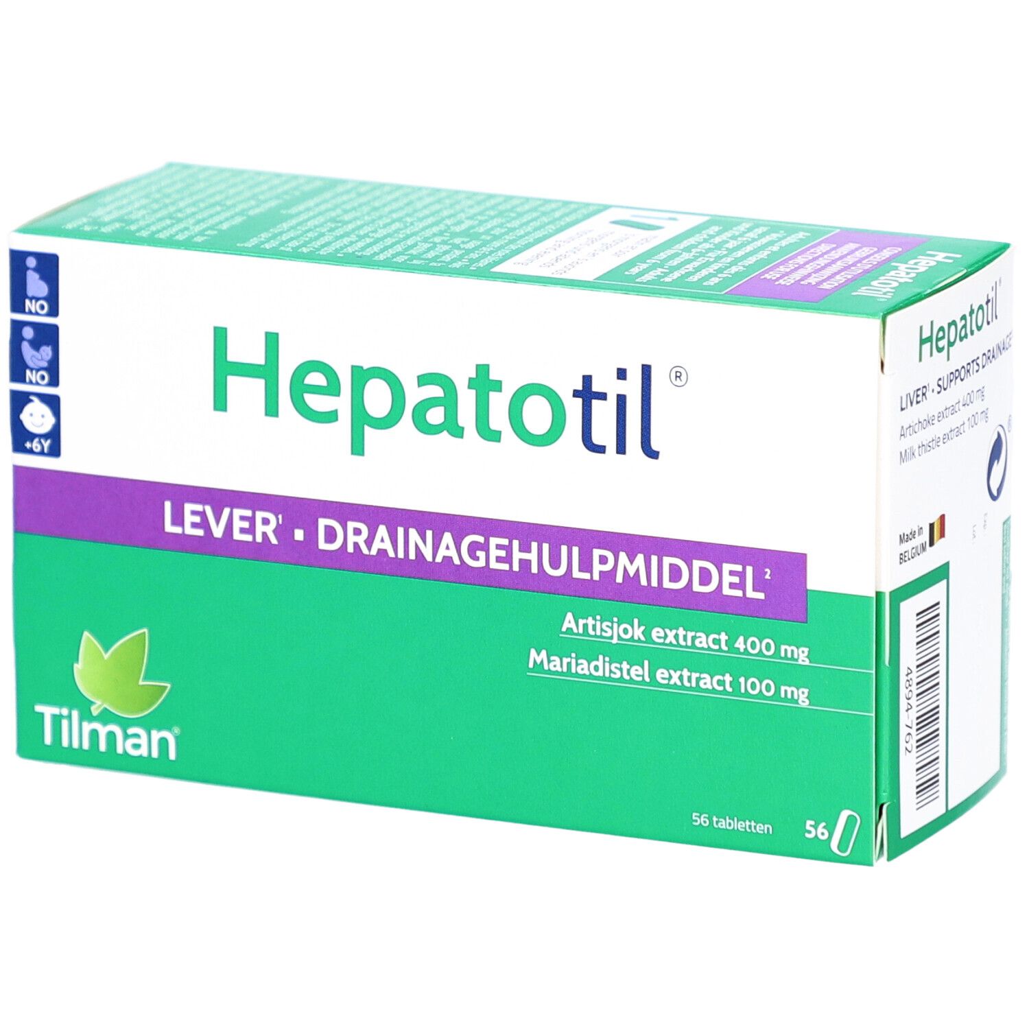 Grüne und weiße Schachtel mit "Hepatotil"-Logo. Enthält 56 Tabletten. Text: "LEVER • DRAINAGEHULPMIDDEL".
