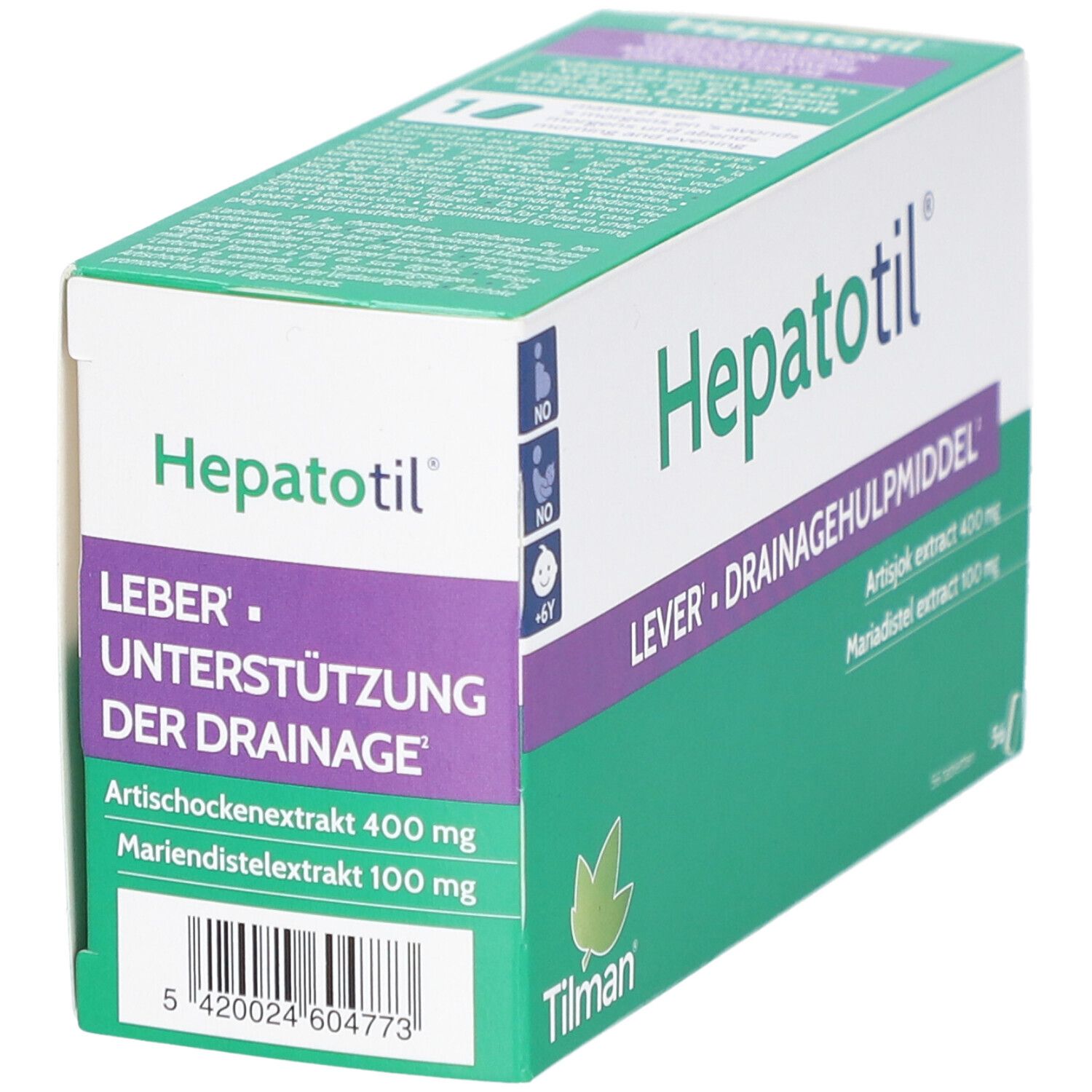 Schachtel "Hepatotil" mit Text: "LEBER • UNTERSTÜTZUNG DER DRAINAGE". Enthält Artischocken- und Mariendistel-Extrakt.