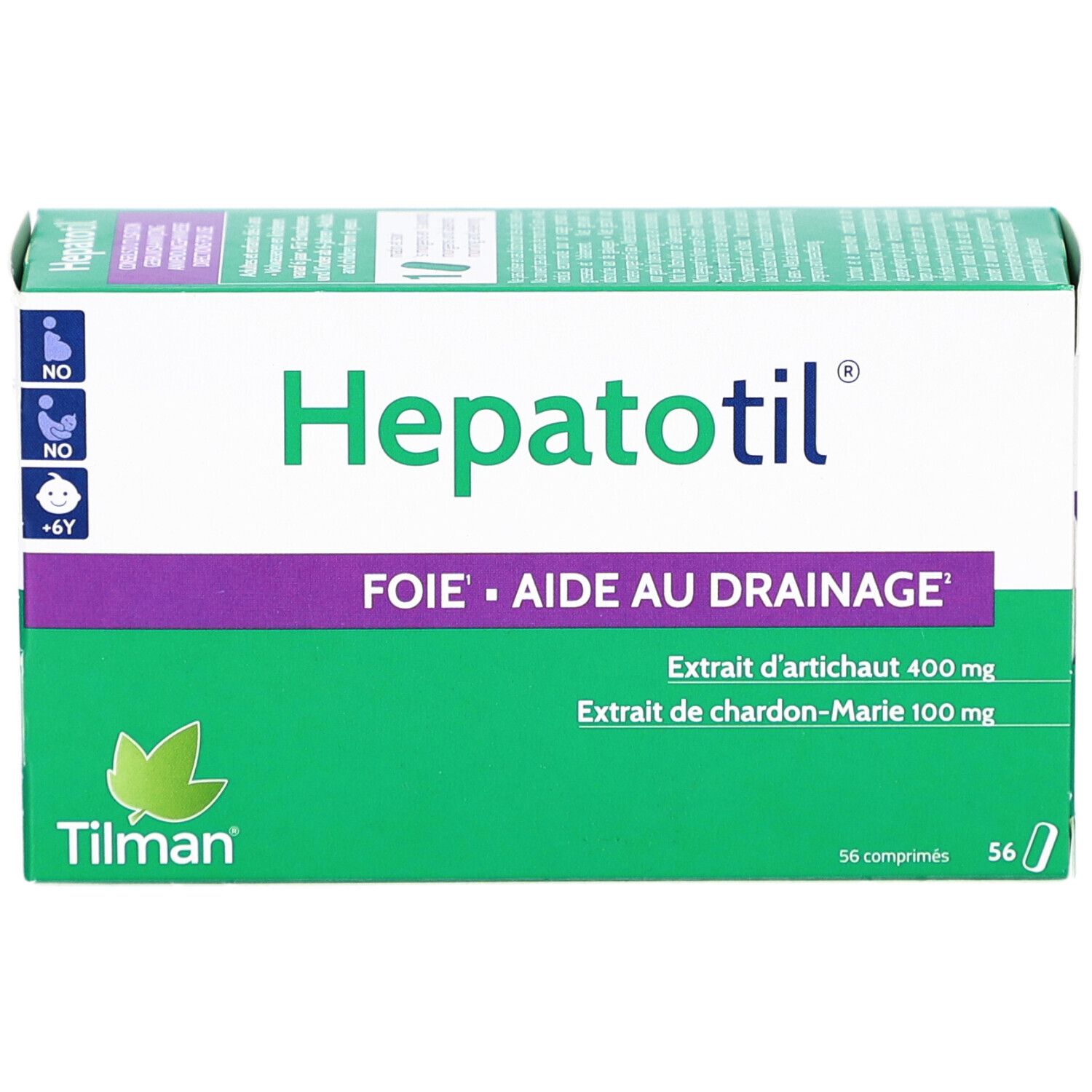 Grüne und weiße Schachtel mit "Hepatotil"-Logo. Enthält 56 Tabletten. Text: "FOIE • AIDE AU DRAINAGE".