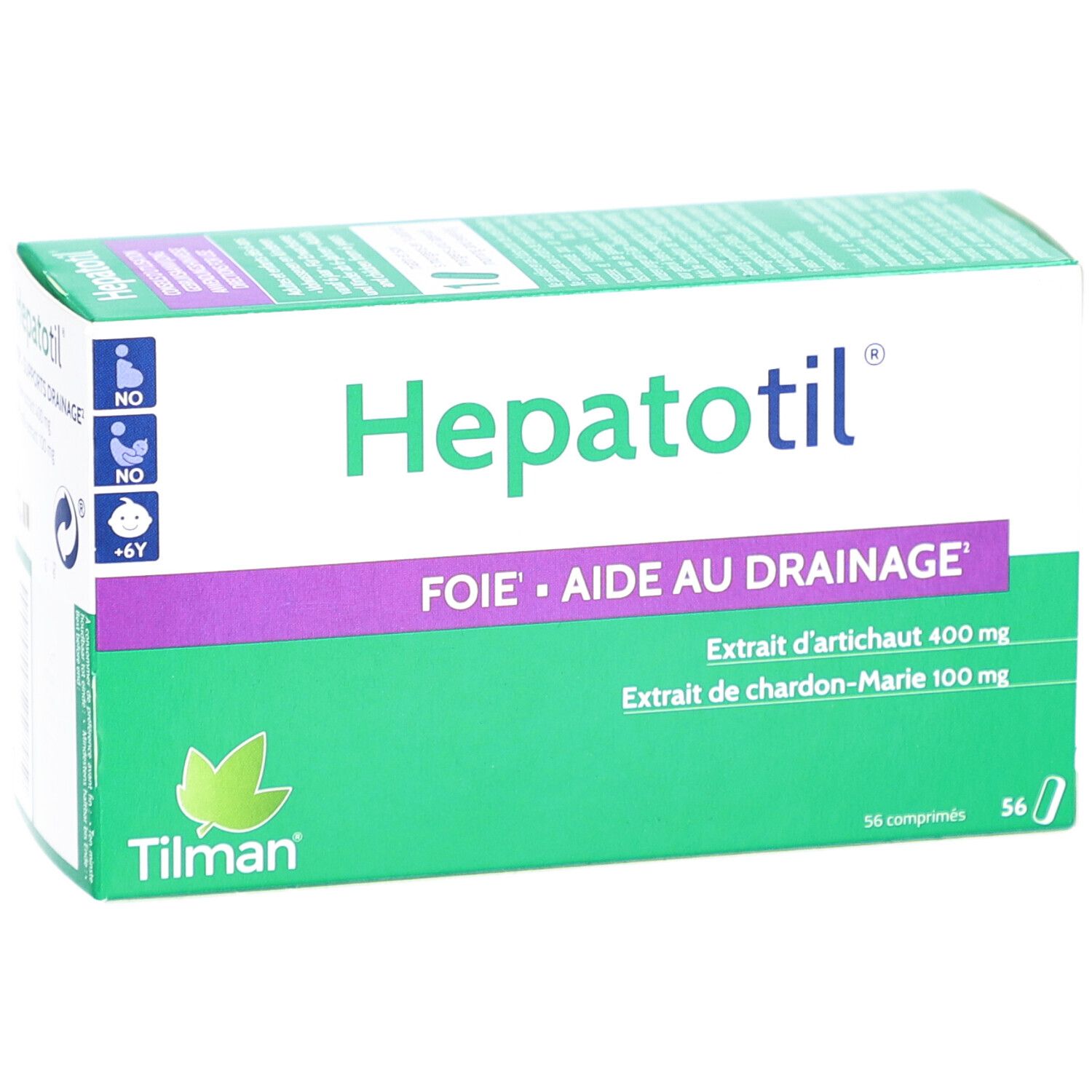 Grüne und weiße Schachtel mit "Hepatotil"-Logo. Enthält 56 Tabletten. Text: "FOIE • AIDE AU DRAINAGE".