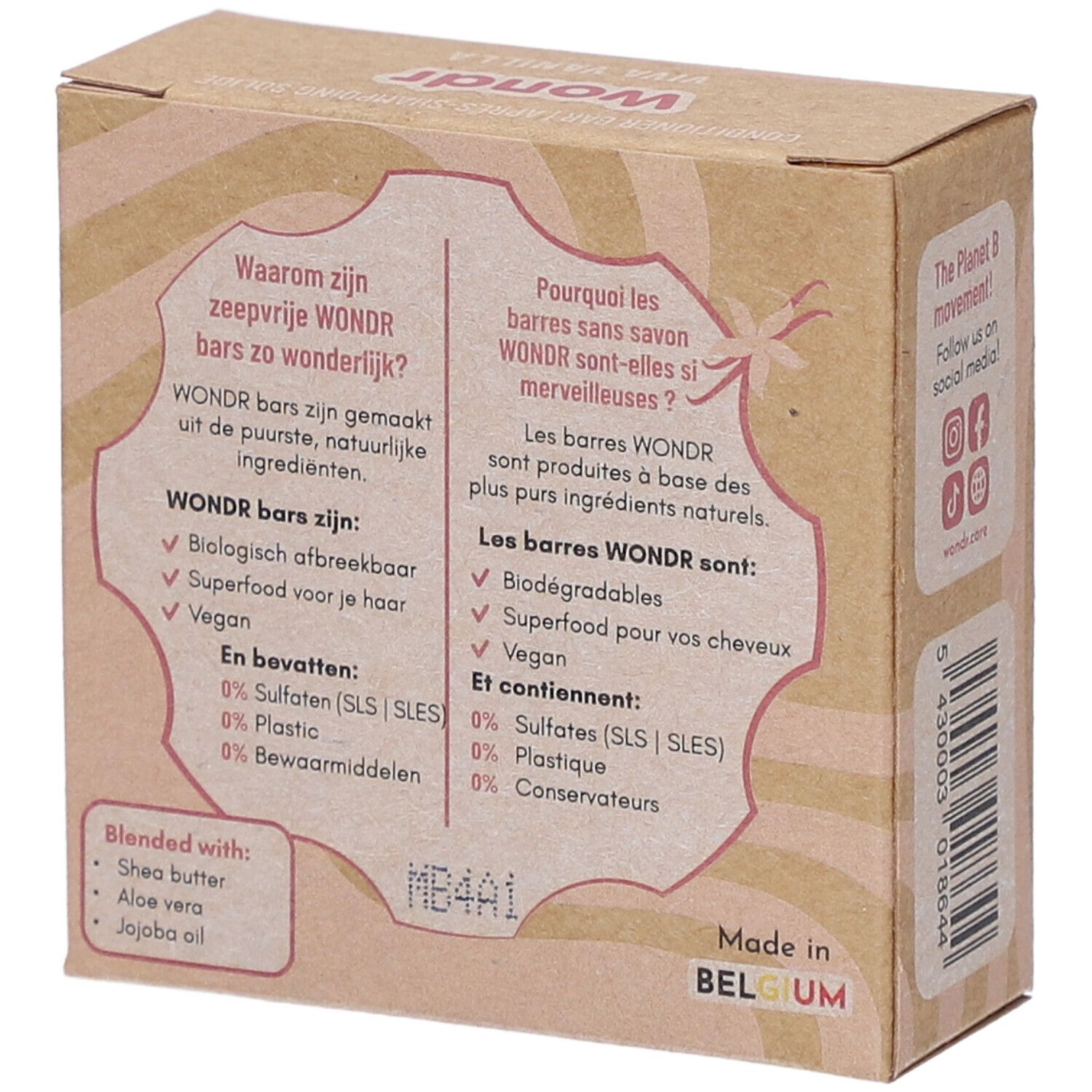 Dos de la boîte en carton avec texte en allemand et français, ingrédients et origine.