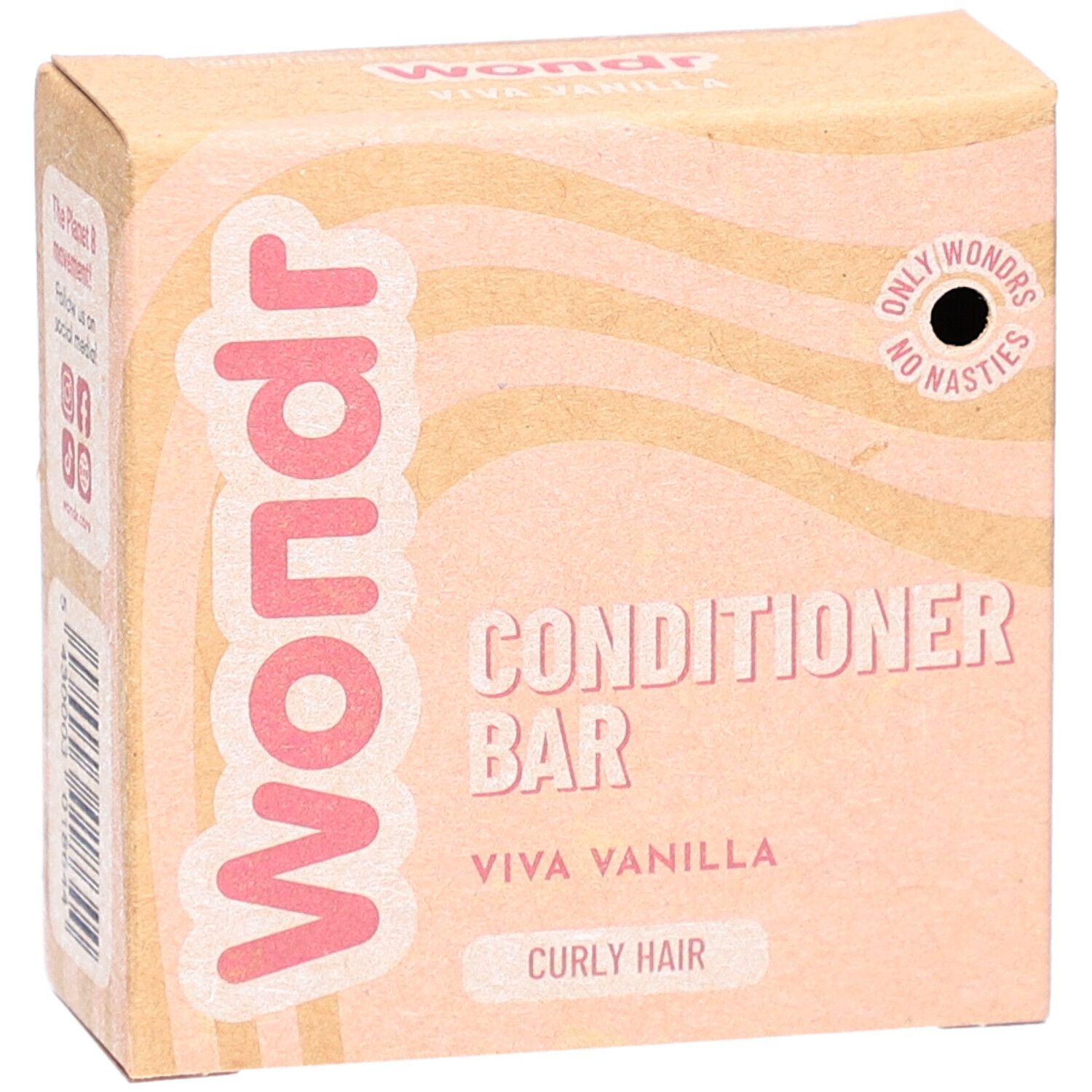 Boîte en carton avec texte rose "Wondr", "Conditioner Bar", "Viva Vanilla", "Curly Hair".