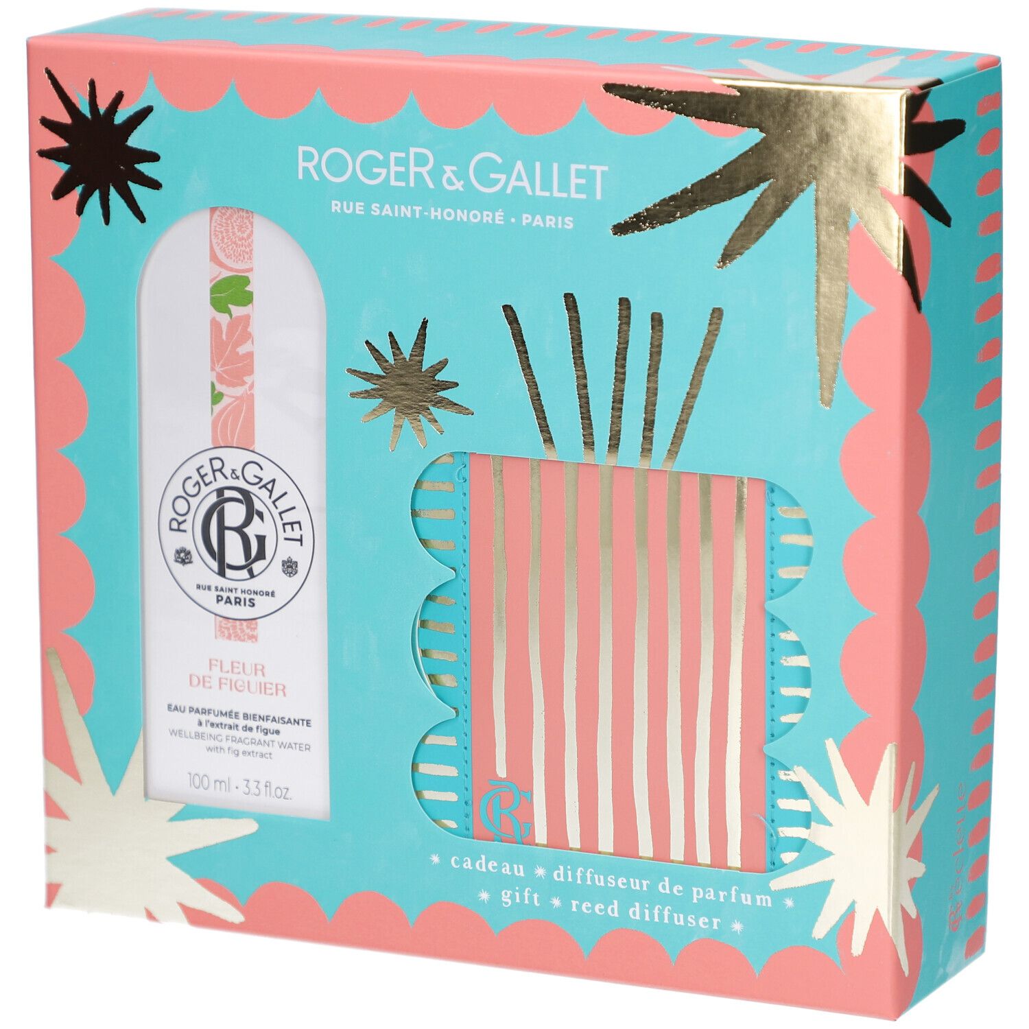Geschenkset mit Eau Parfumée Bienfaisante, Diffusor und Stäbchen. Türkis-rosa Verpackung mit Sternen und Wellen. Text: Roger & Gallet.