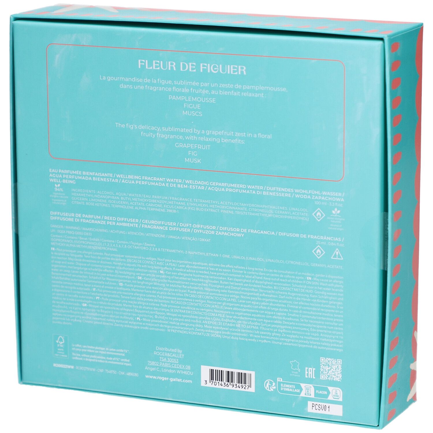 Rückseite der Geschenkset-Verpackung. Türkis mit Text und Produktinformationen. Text: Fleur de Figuier, Roger & Gallet.