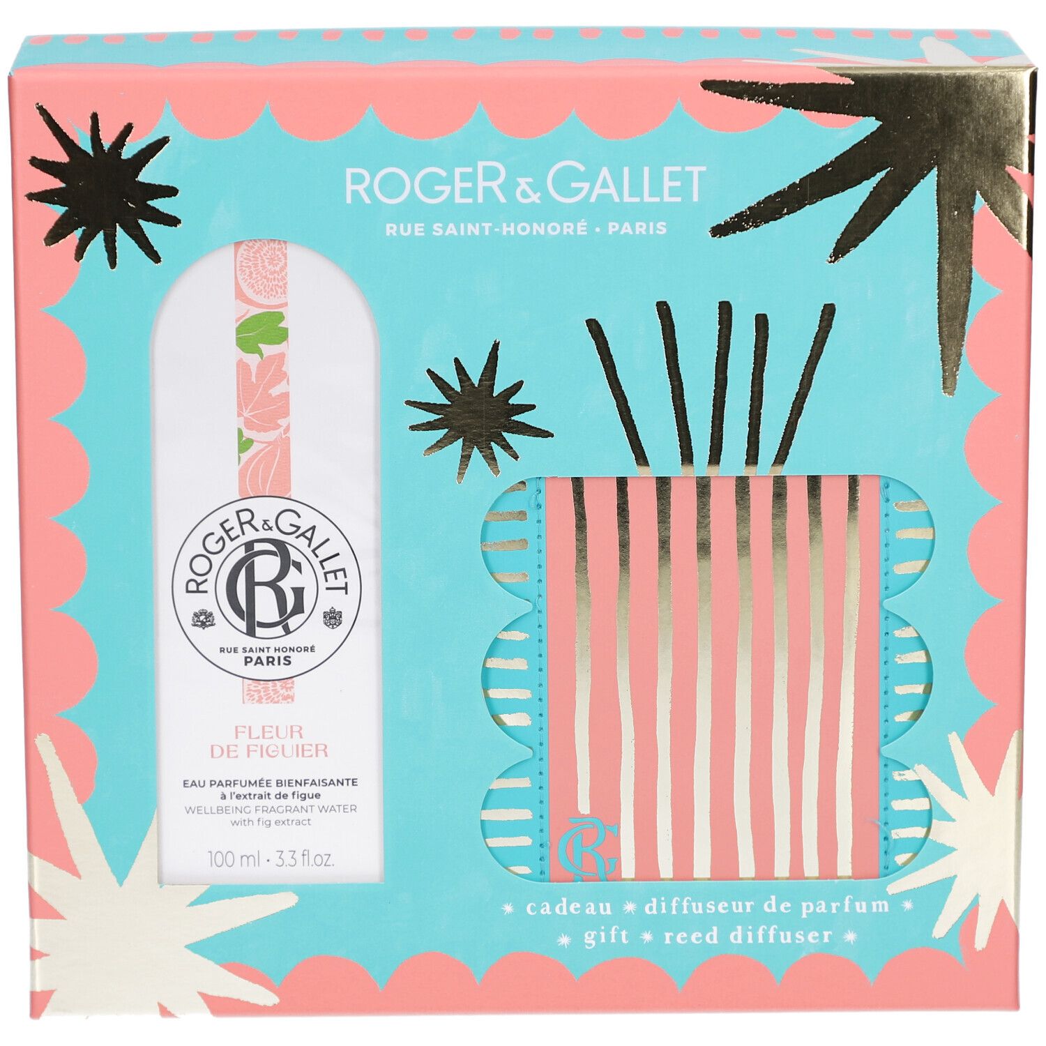 Geschenkset mit Eau Parfumée Bienfaisante, Diffusor und Stäbchen. Türkis-rosa Verpackung mit Sternen. Text: Roger & Gallet.