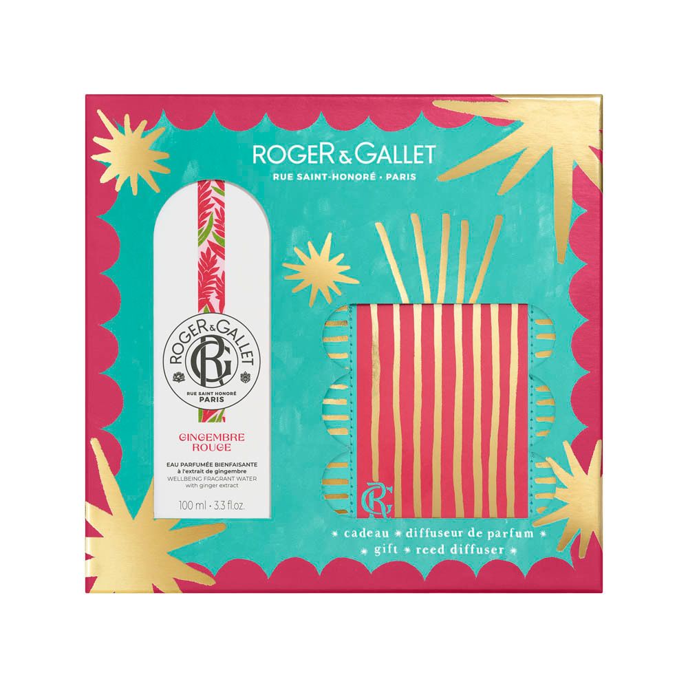 Coffret cadeau avec flacon, diffuseur et bâtonnets. Turquoise, rose et doré. Texte: Roger & Gallet, Gingembre Rouge.